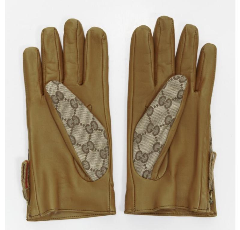 Brown GUCCI GG monogram canvas brown leather trim cashmere lined glove Size 7
