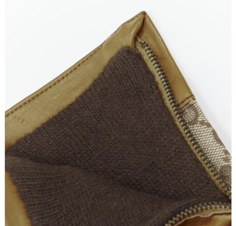 GUCCI GG monogram canvas brown leather trim cashmere lined glove Size 7 1