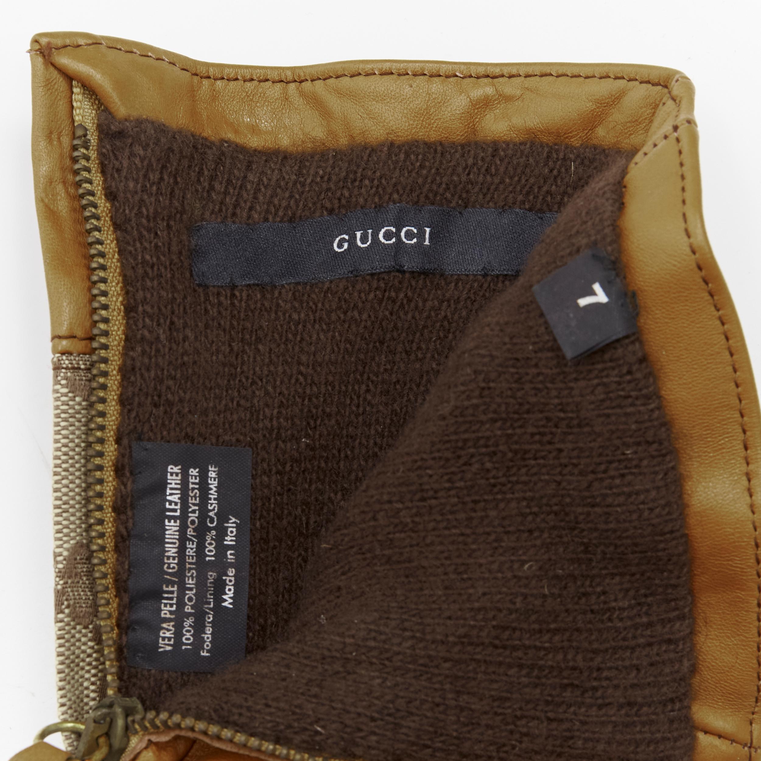 Women's GUCCI GG monogram canvas brown leather trim cashmere lined glove Size 7 For Sale