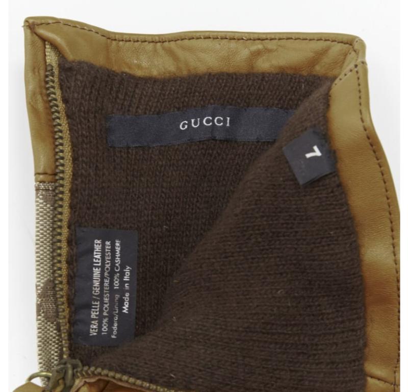 GUCCI GG monogram canvas brown leather trim cashmere lined glove Size 7 2