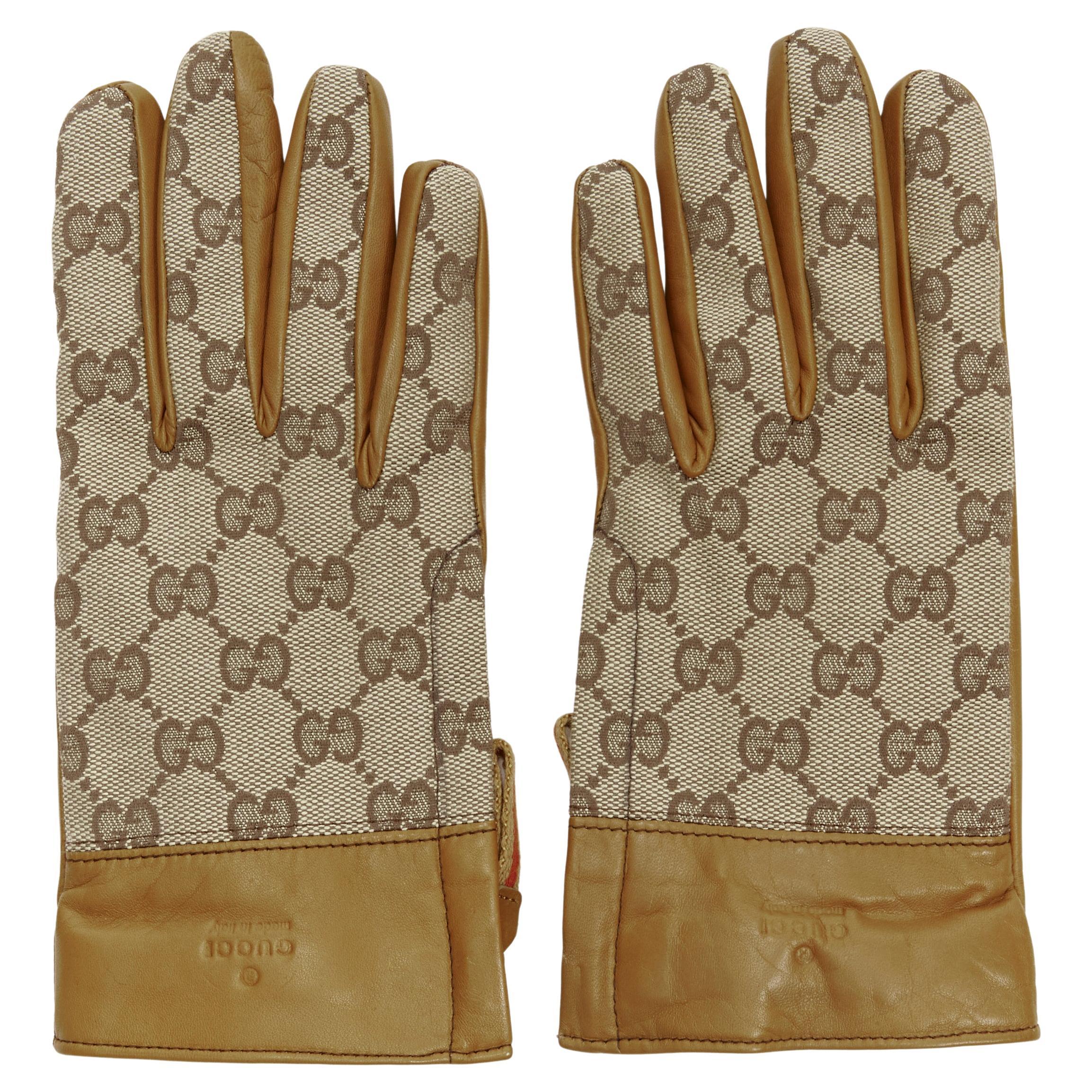 GUCCI GG monogram canvas brown leather trim cashmere lined glove Size 7 For Sale