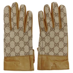 Used GUCCI GG monogram canvas brown leather trim cashmere lined glove Size 7