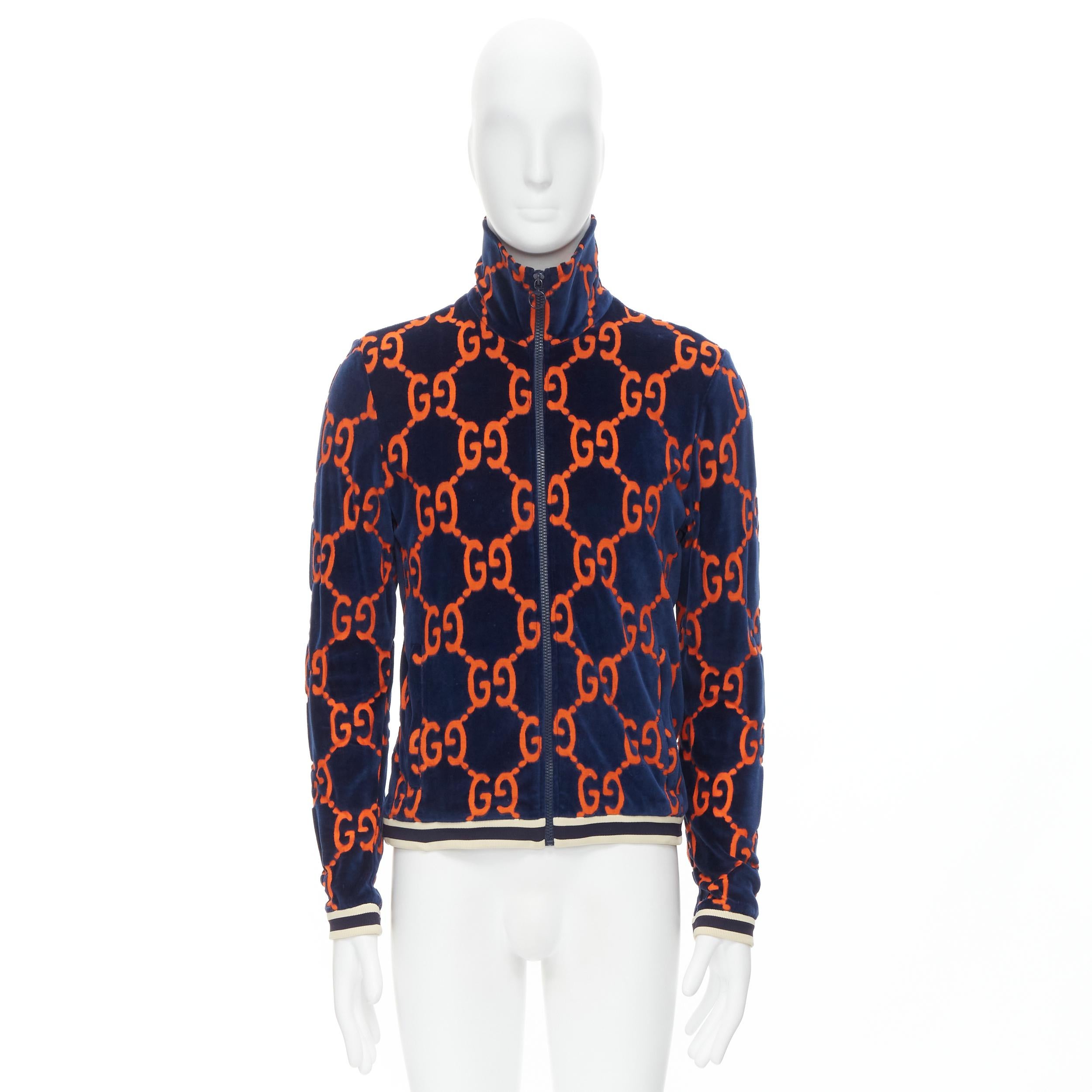 GUCCI GG monogram cotton velvet devore navy orange track jacket XS 2