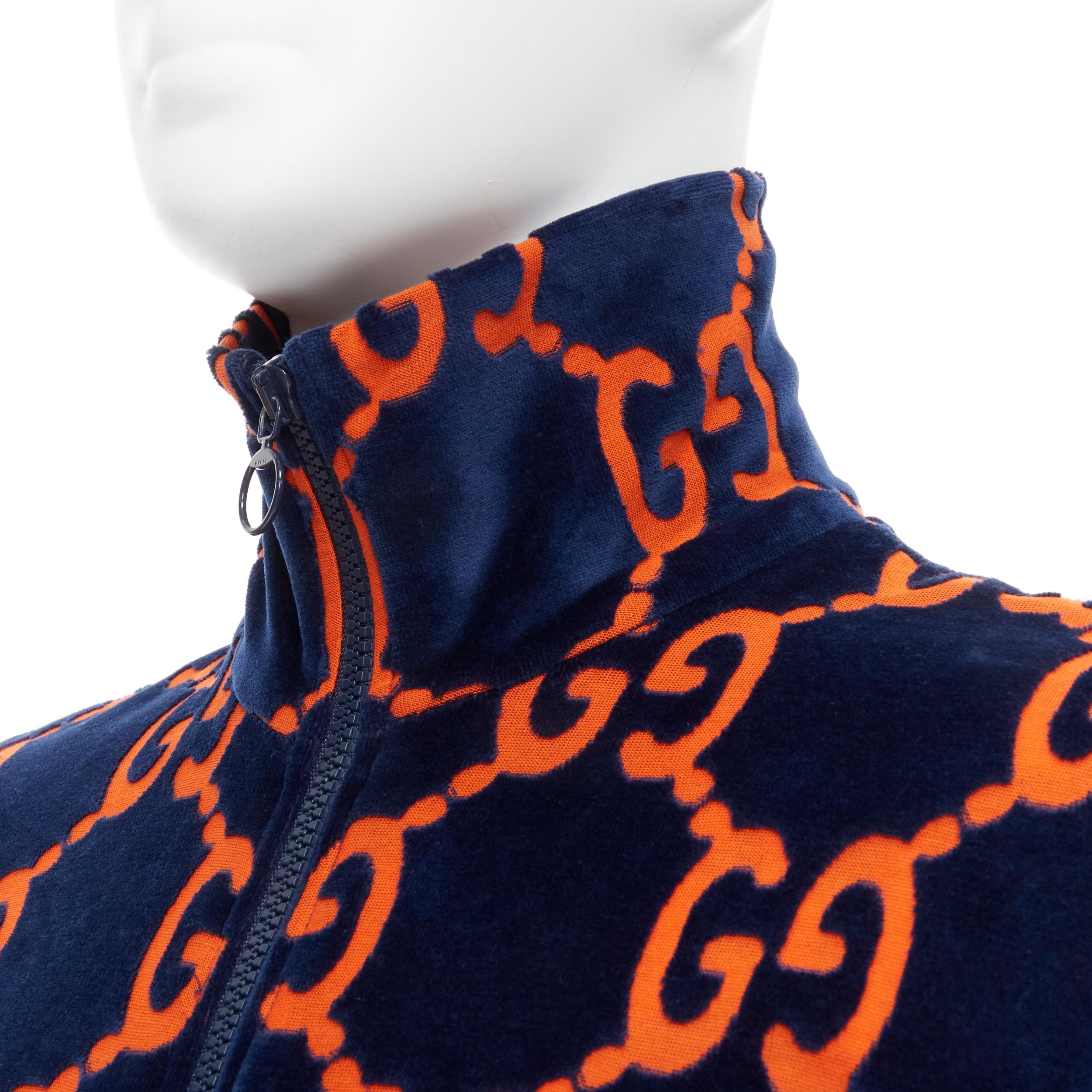 GUCCI GG monogram cotton velvet devore navy orange track jacket XS 
Reference: TGAS/B02222 
Brand: Gucci 
Designer: Alessandro Michele 
Material: Velvet 
Color: Blue 
Pattern: Solid 
Closure: Zip 
Extra Detail: Blue metal ring zipper. Navy blue