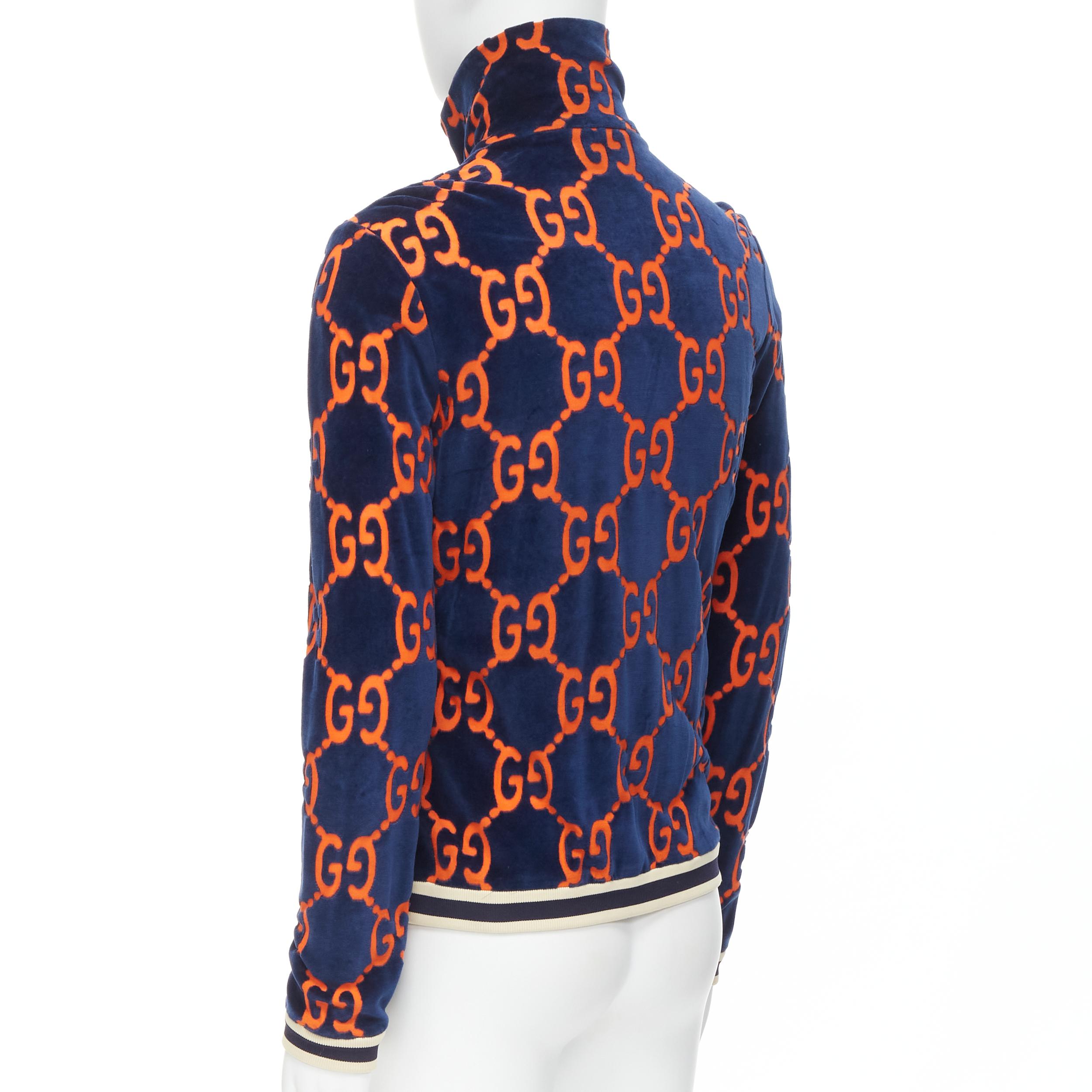 Black GUCCI GG monogram cotton velvet devore navy orange track jacket XS
