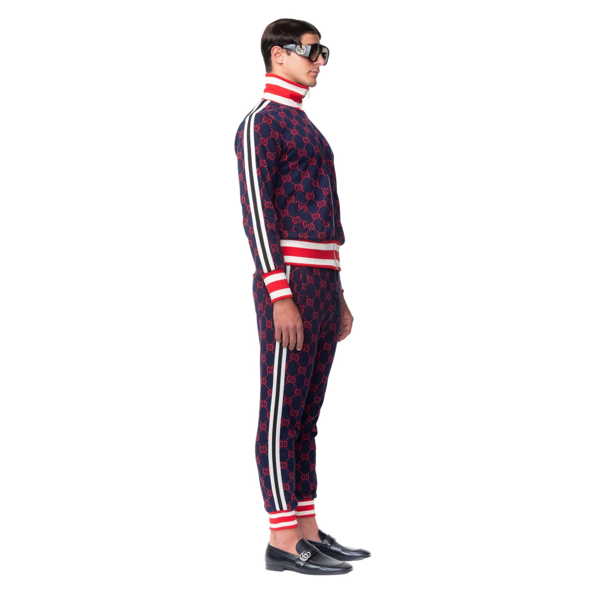 Black Gucci GG Monogram Red Jacquard Navy Pants (M) For Sale