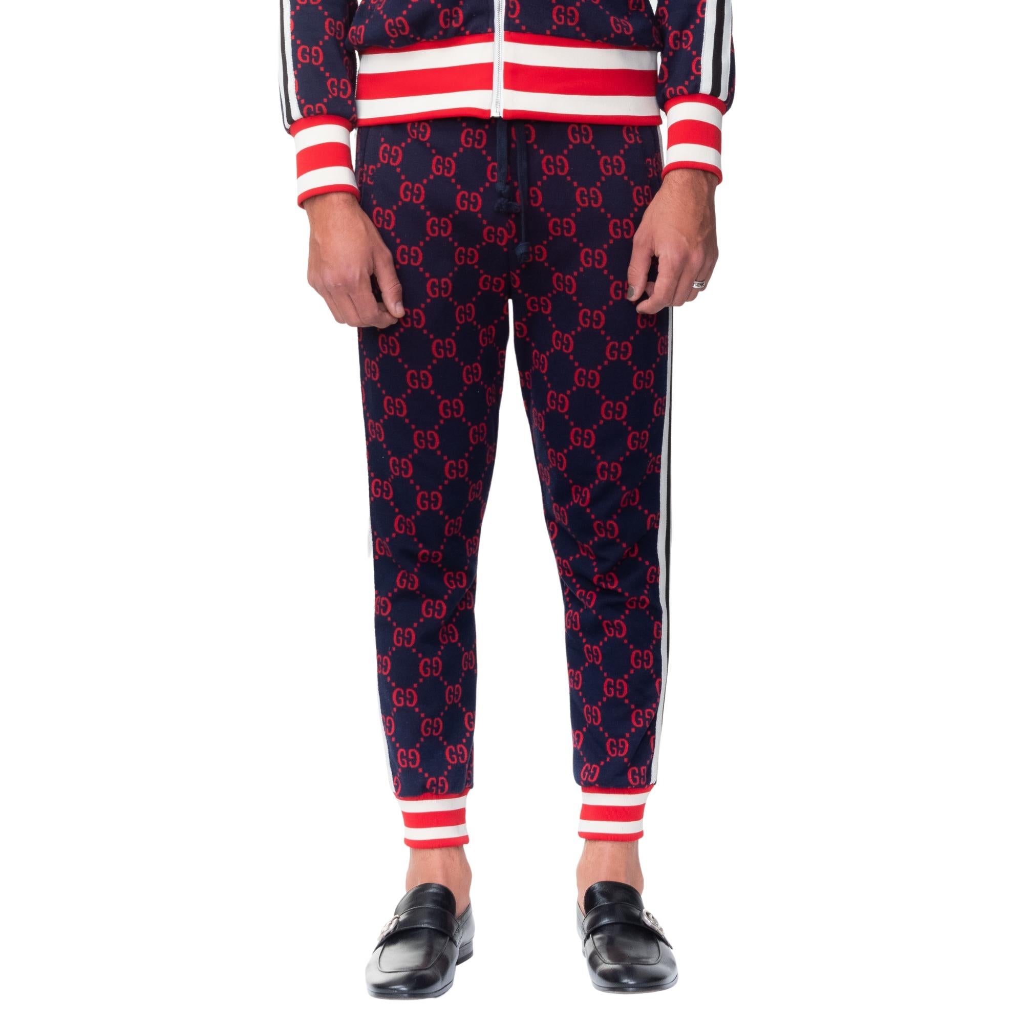 Gucci GG Monogram Red Jacquard Navy Pants (M) For Sale