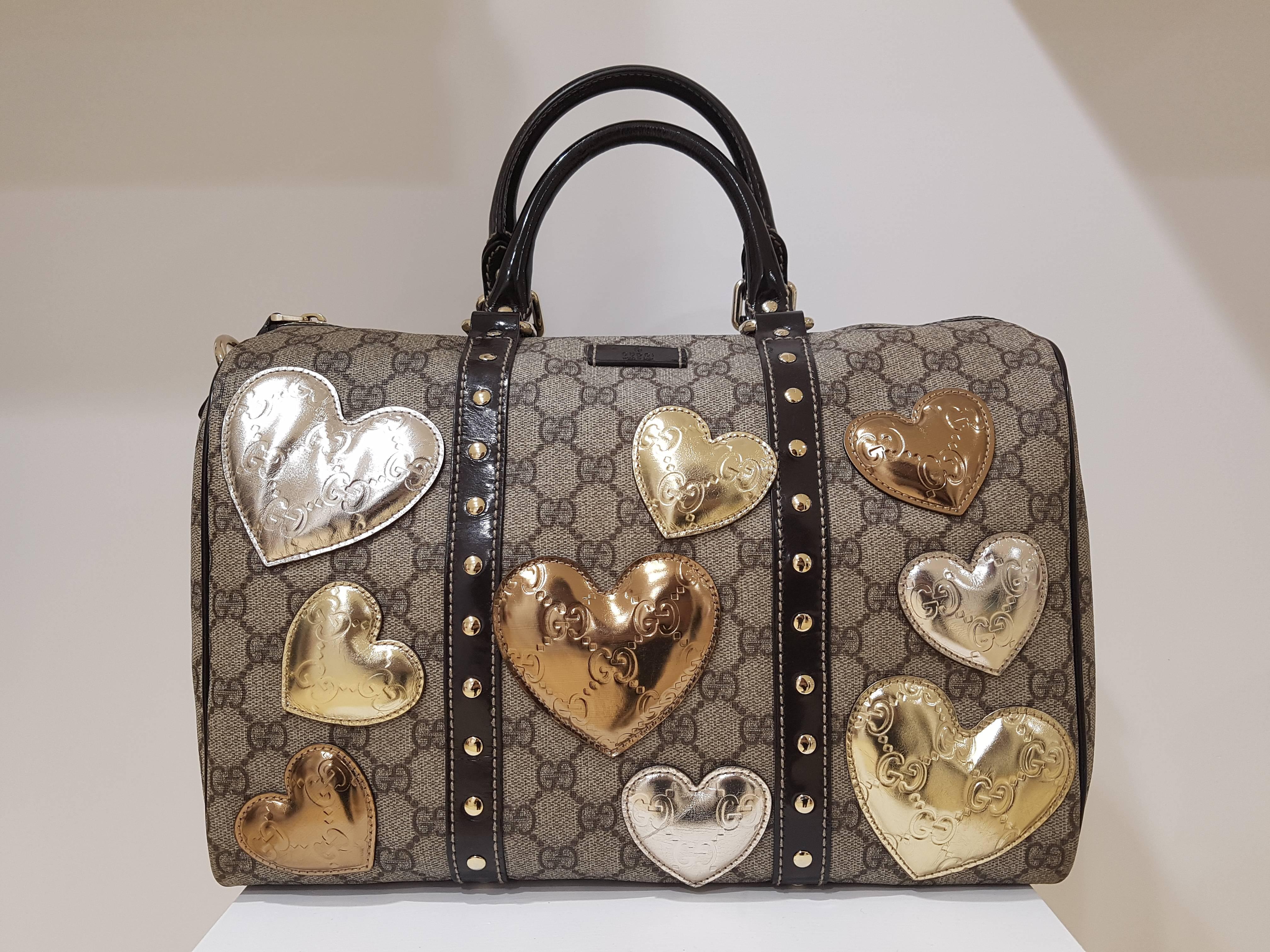 Brown Gucci GG Monogram Silver Gold Heart tote bag
