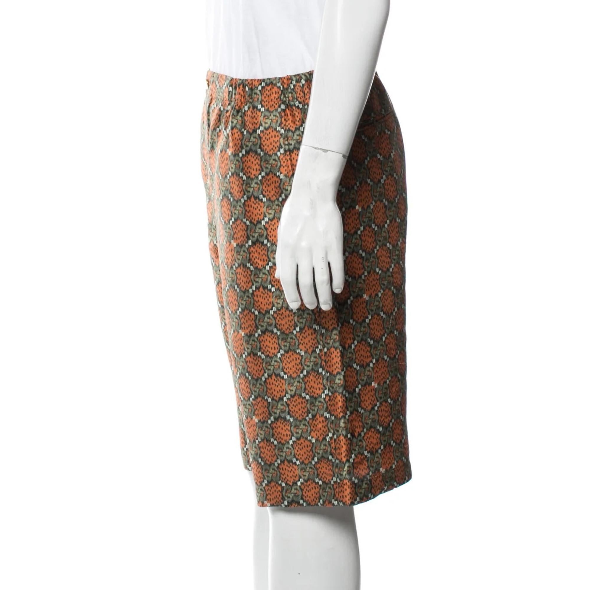 Gucci Silk Flat Front Shorts. From the Spring/Summer 2020 Collection by Alessandro Michele. Orange. GG Logo. Slit Pockets & Button Closure. “noisy tie on shantung orange/ beige prt” 623159

Color: Orange
Material: Synthetic
Item code: 623159