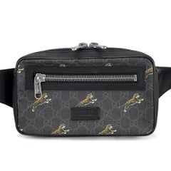 Gucci GG Monogram Supreme Tigers Black Leather Bestiary Belt Bag