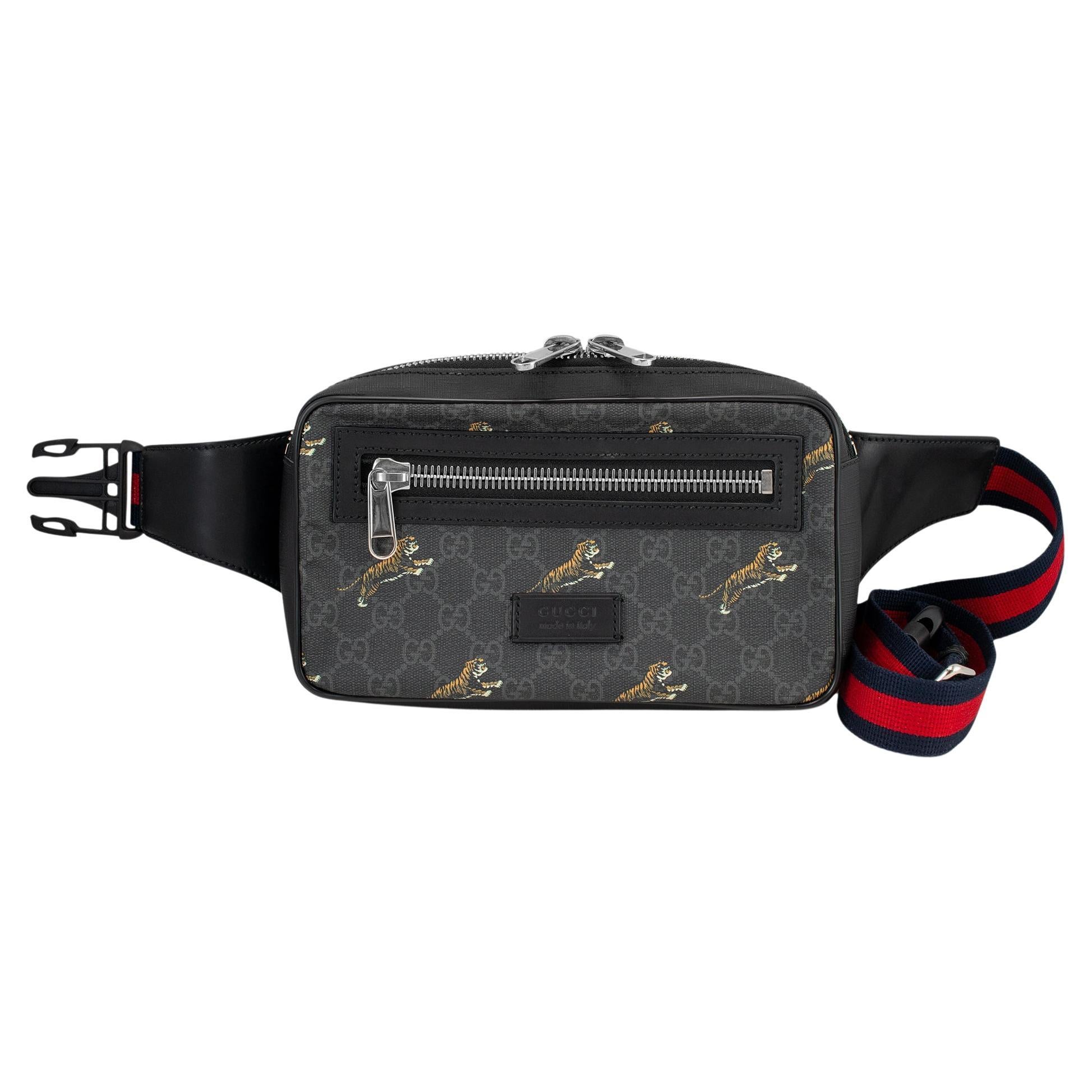 Gucci GG Monogram Supreme Tigers Black Leather Bestiary Belt Bag