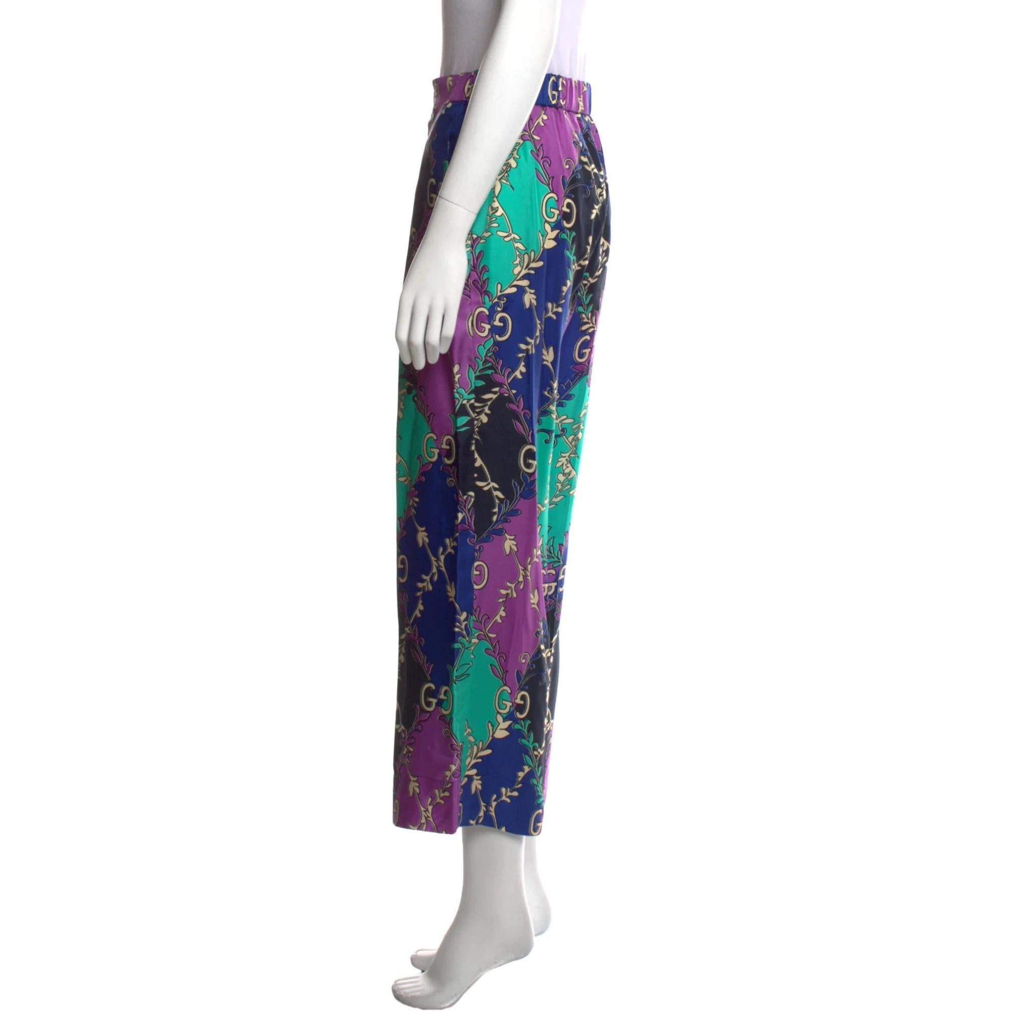 Gucci Silk Wide Leg Pants. By Alessandro Michele. Blue, purple, and turquoise. GG monogram vines. High-Rise. GG Logo. Slit Pockets. Zip & Button Closure. Pants by Gucci typically fit true to size.

Color: Purple / Mulit
Material: 100%