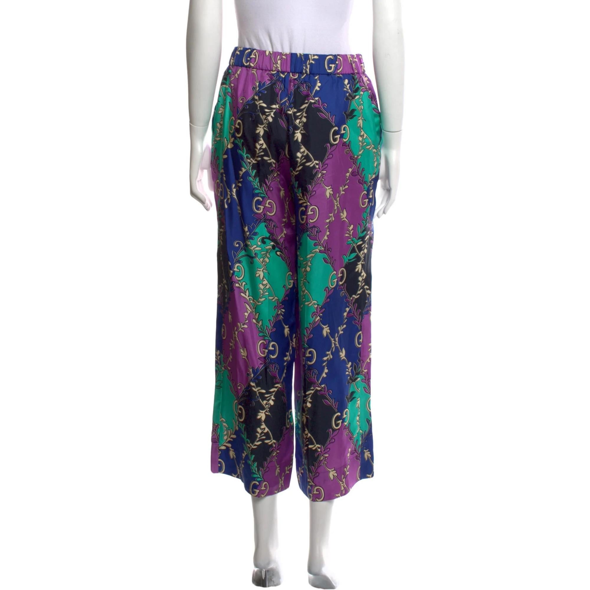 Gucci GG Monogram Vines Multicolor Silk Wide Leg Pants (US 6  28 Waist) In Good Condition In Montreal, Quebec