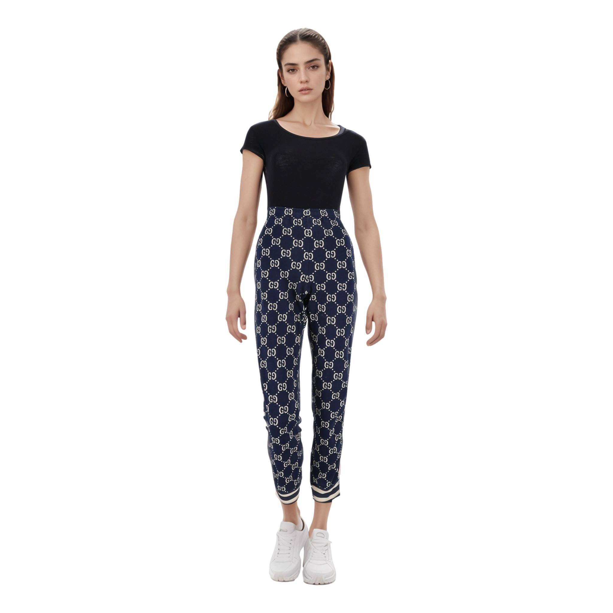 Gucci GG Monogram Web Stripe Jersey Cotton Track Bottoms

Navy trousers with all-over iconic GG monogram and red and white Web stripe along the sides.

Featuring ribbed, striped cuffs and elasticated waistband. Rrp Approx. £1,040

Size –