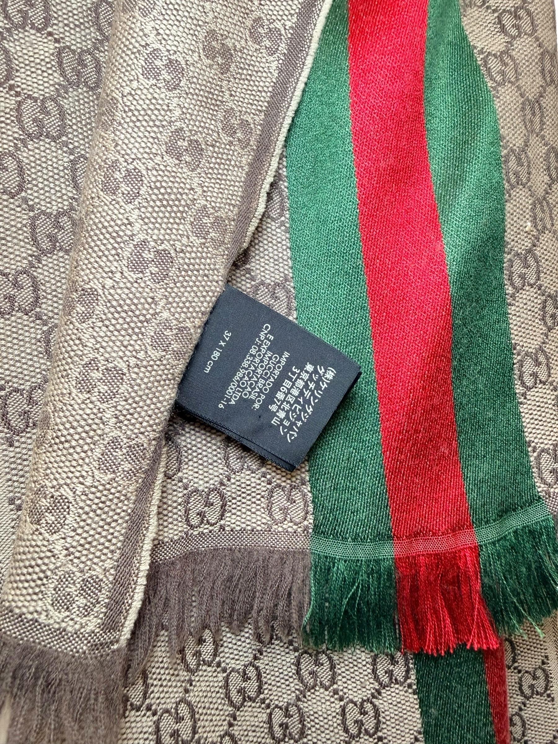 Gucci GG Monogram Web Stripe Wool Silk Scarf, Made in Italy For