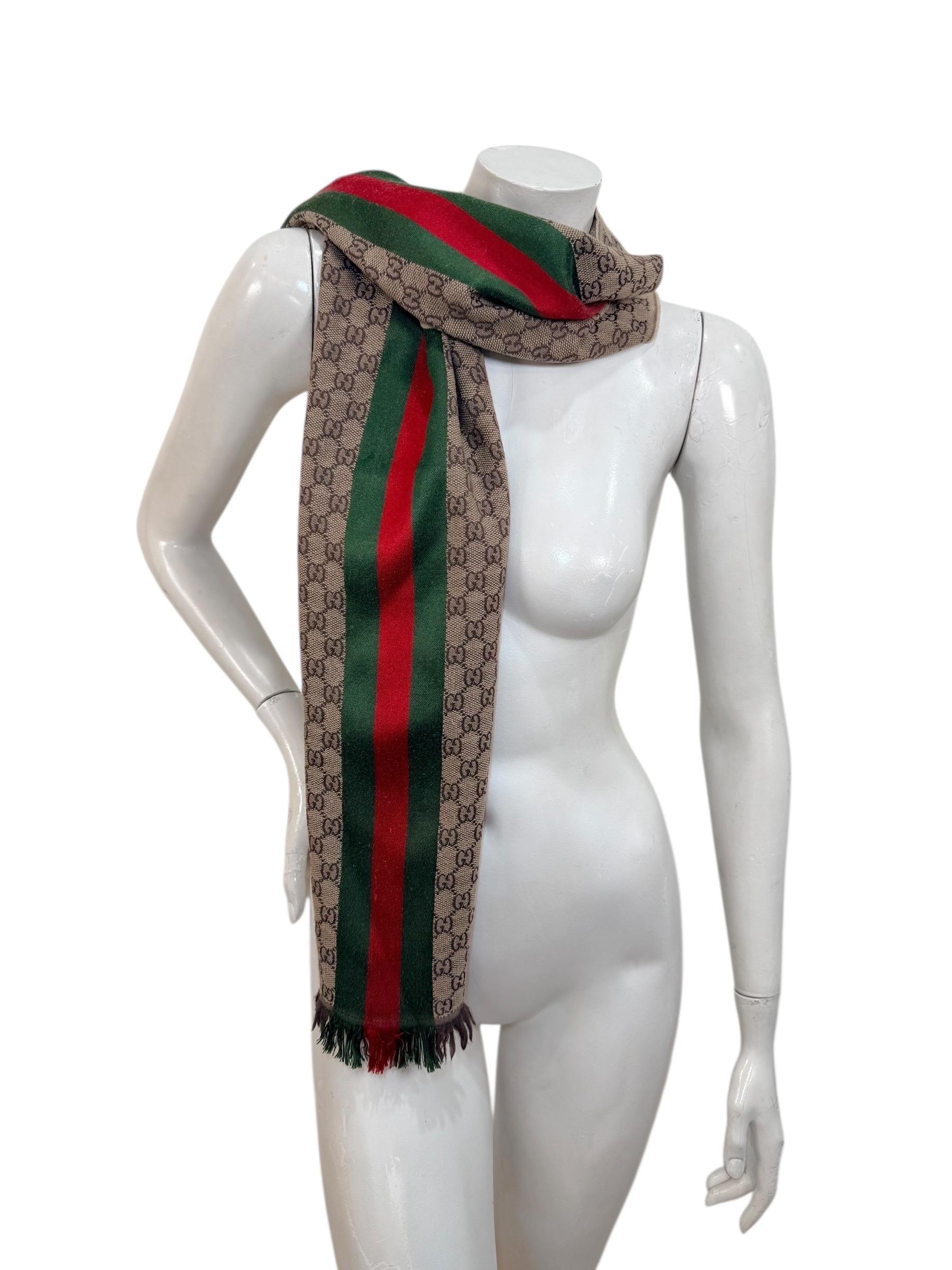 Gucci GG Monogram Web Stripe Wool Silk Scarf, Made in Italy For