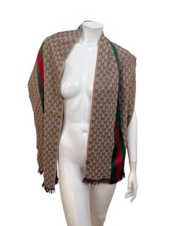 Gucci GG Monogram Web Stripe Wool Silk Scarf, Made in Italy