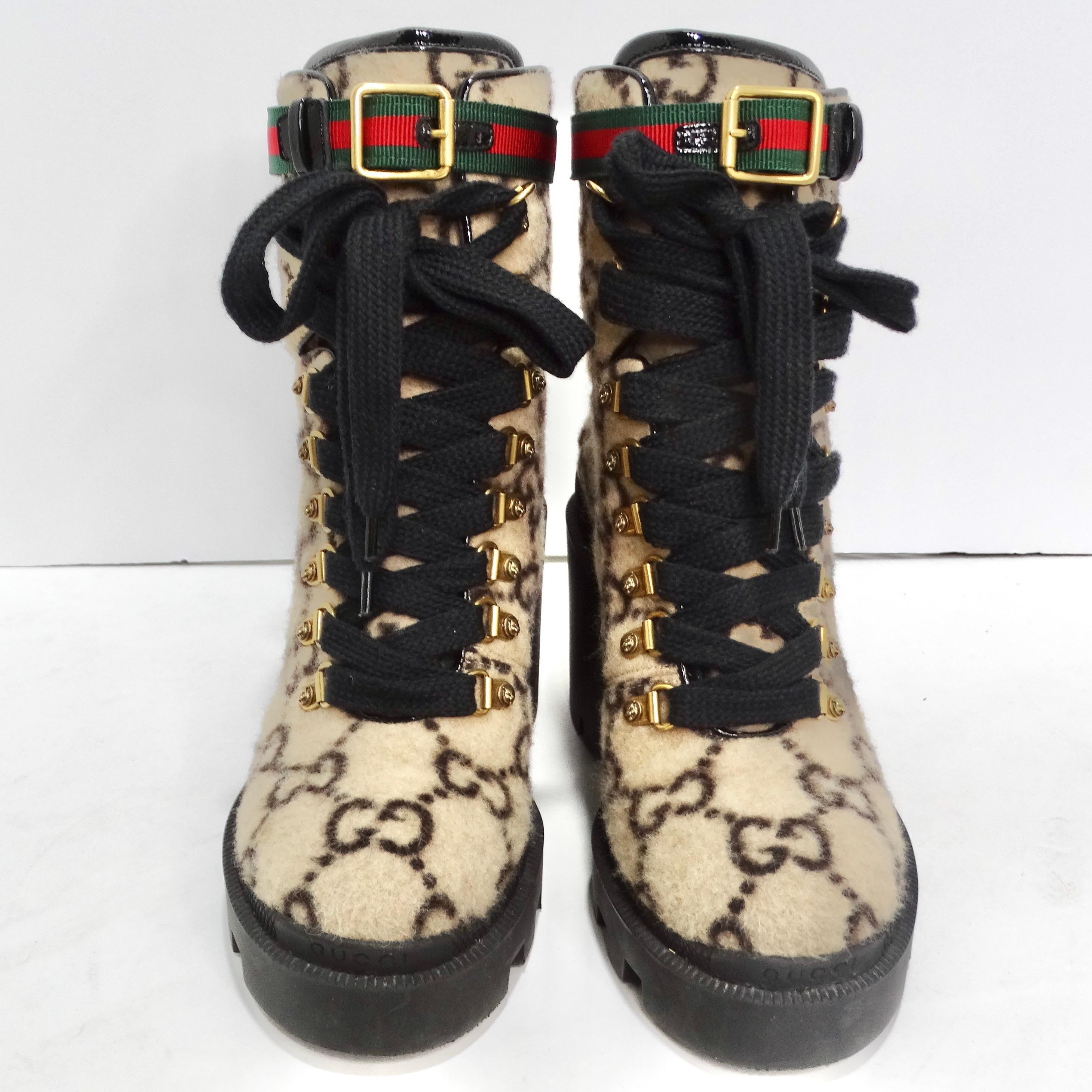 Get your hands on the Gucci GG Monogram Wool Ankle Boots, a fusion of luxurious style and iconic design that transforms the everyday into a chic fashion statement. These beige wool combat boots are not just footwear; they are a symbol of Gucci's