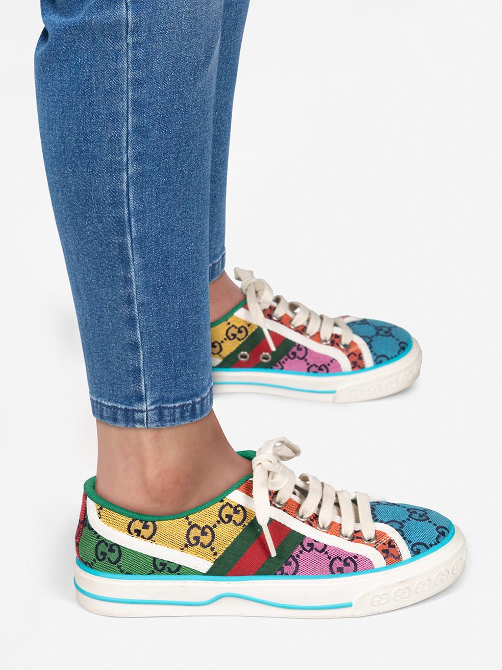 CONDITION is Good. Minor wear to the trainers is evident. Discolouration around the rubber rim of both soles on this used Gucci designer resale item.
 
 
 
 Details
 
 
 Model: Tennis 1977
 
 Multicolour
 
 Cloth textile
 
 Trainers
 
 GG Pattern
 
