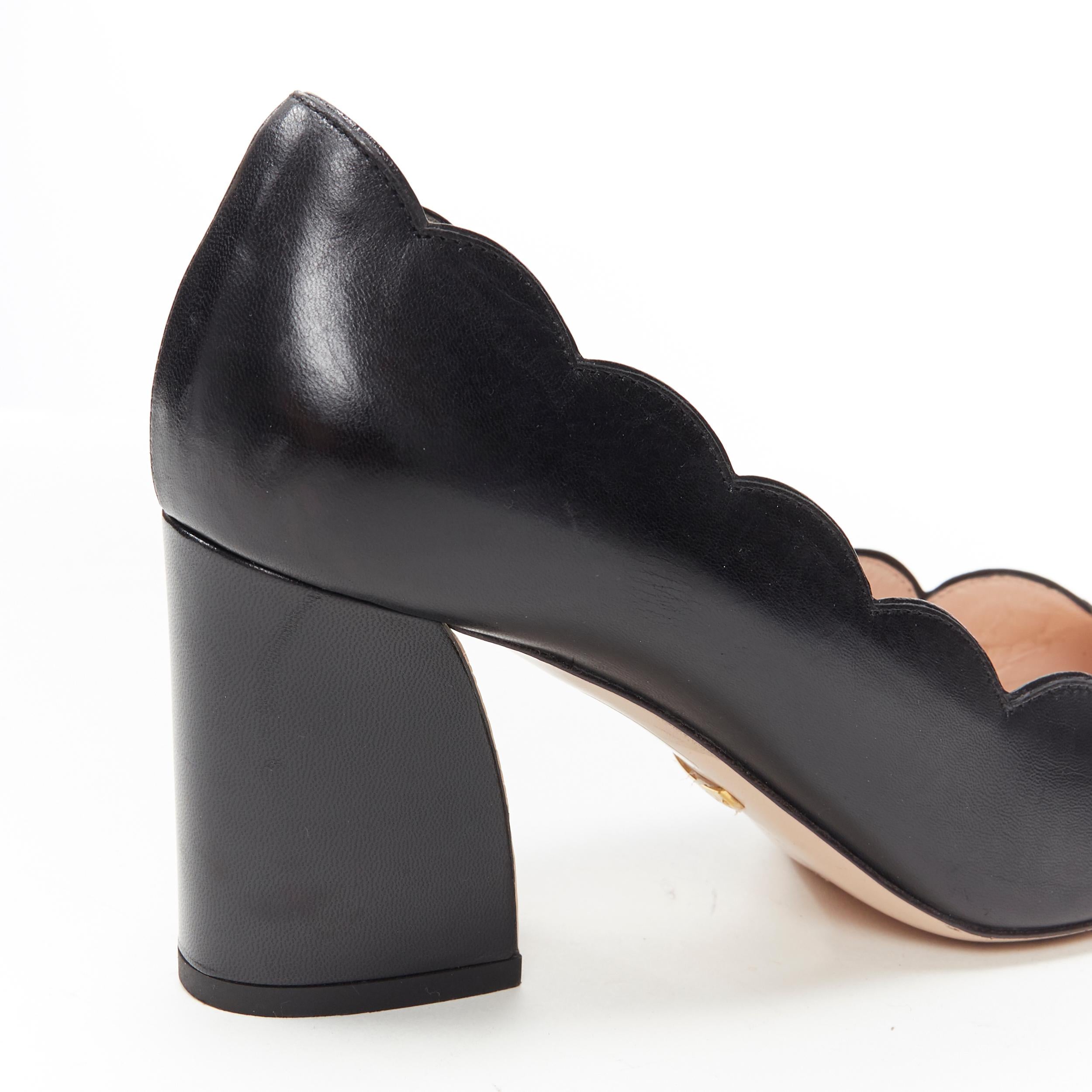 GUCCI GG Perla cuero negro borde festoneado punta redonda tacón grueso bomba EU37.5 5