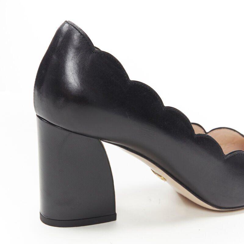 GUCCI GG Pearl black leather scalloped edge round toe chunky heel pump EU37.5 For Sale 4