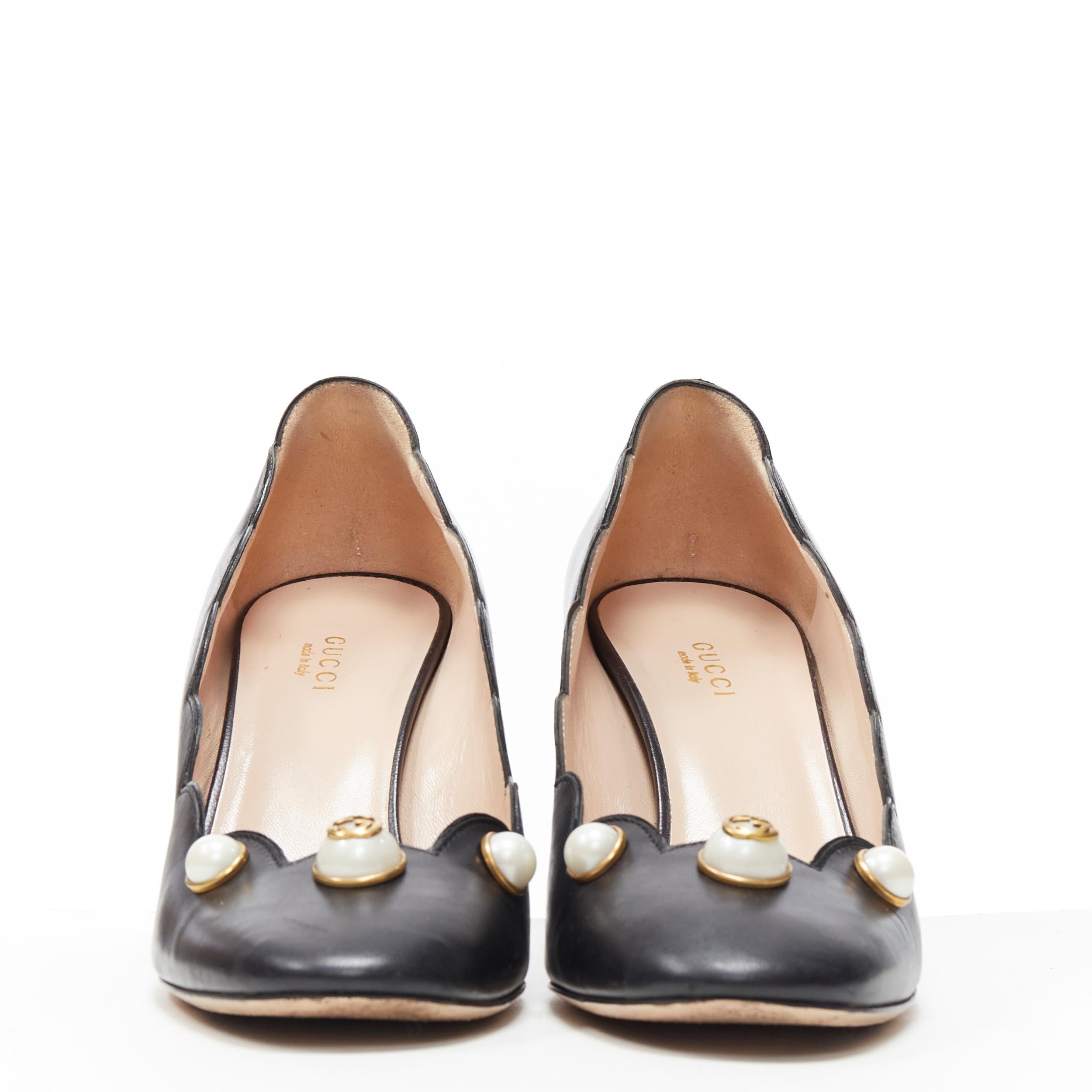 GUCCI GG Perla cuero negro borde festoneado punta redonda tacón grueso bomba EU37.5 Negro
