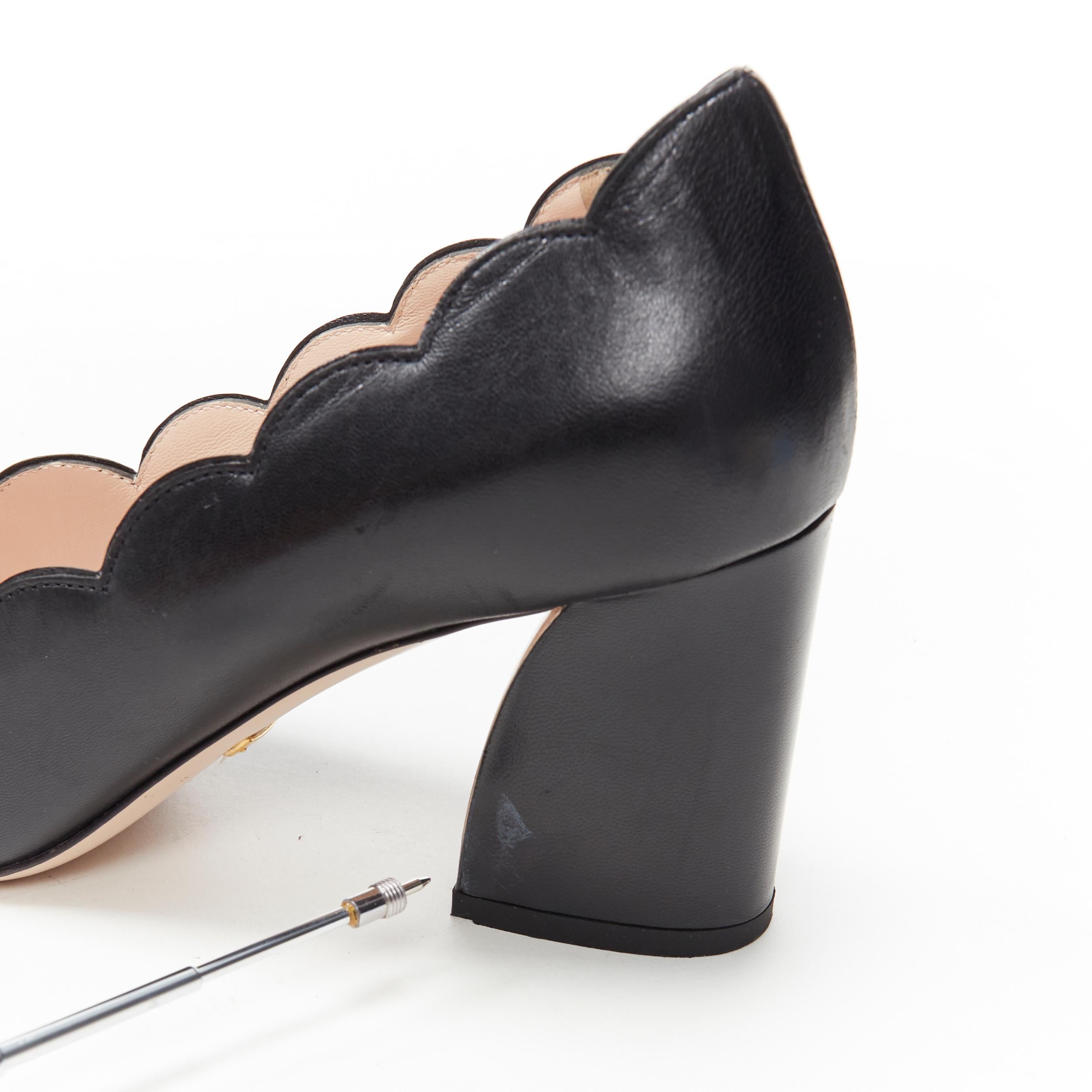 GUCCI GG Perla cuero negro borde festoneado punta redonda tacón grueso bomba EU37.5 4