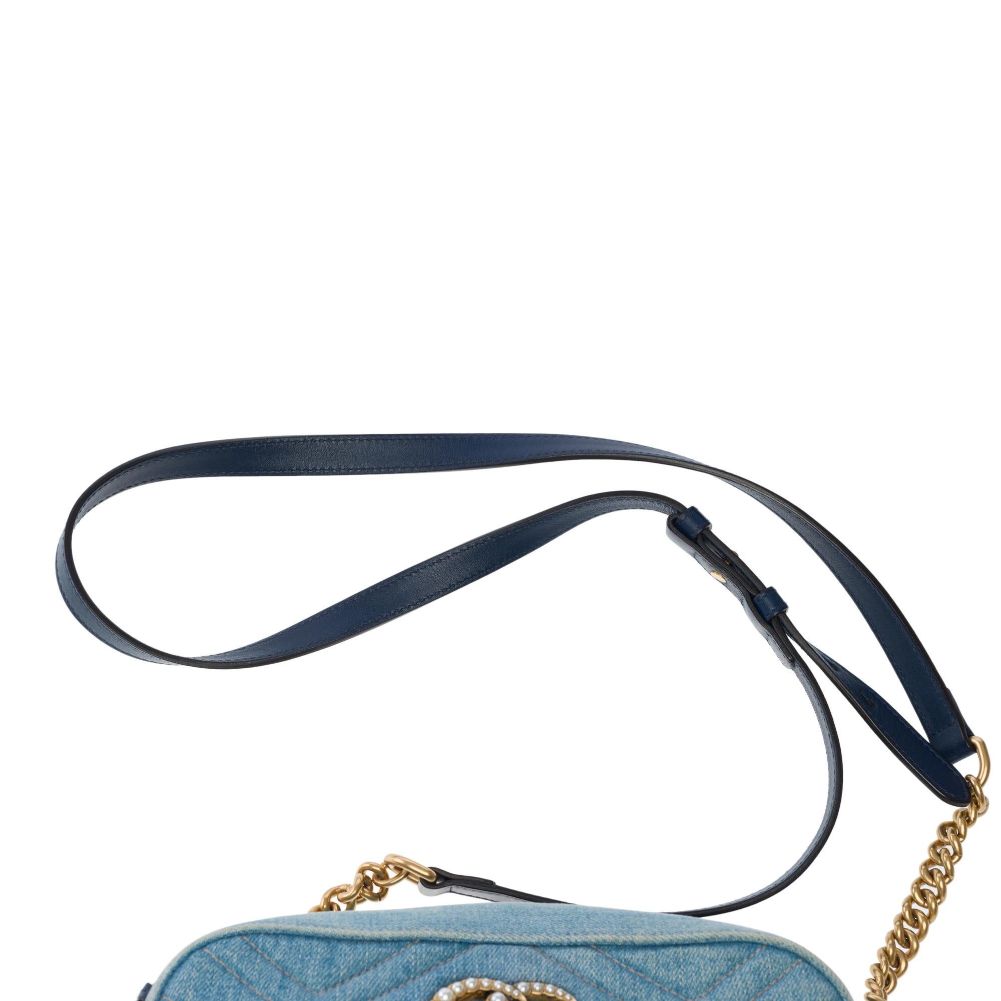 Gucci GG Pearly Marmont shoulder bag in blue denim , GHW For Sale 7