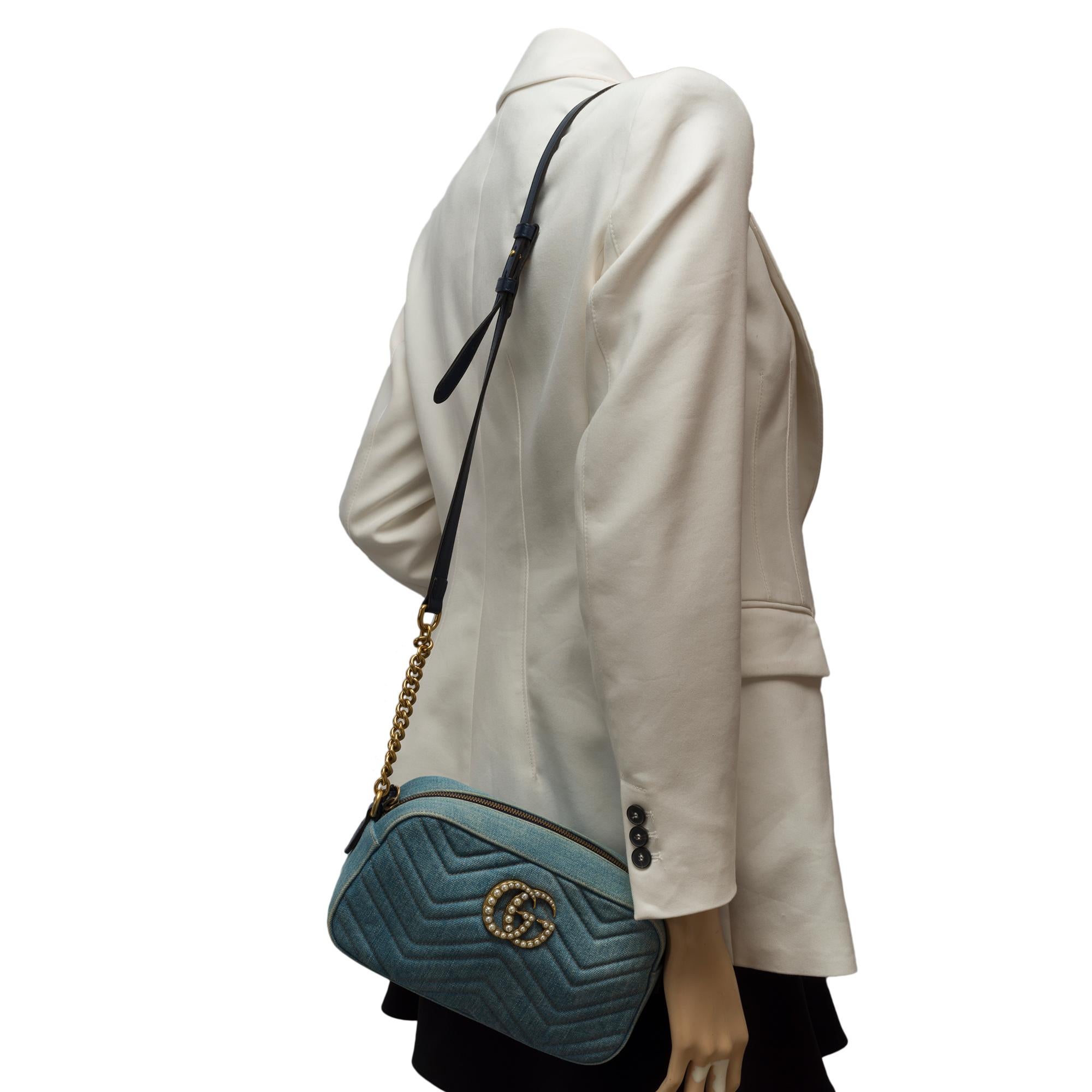 Gucci GG Pearly Marmont shoulder bag in blue denim , GHW For Sale 9