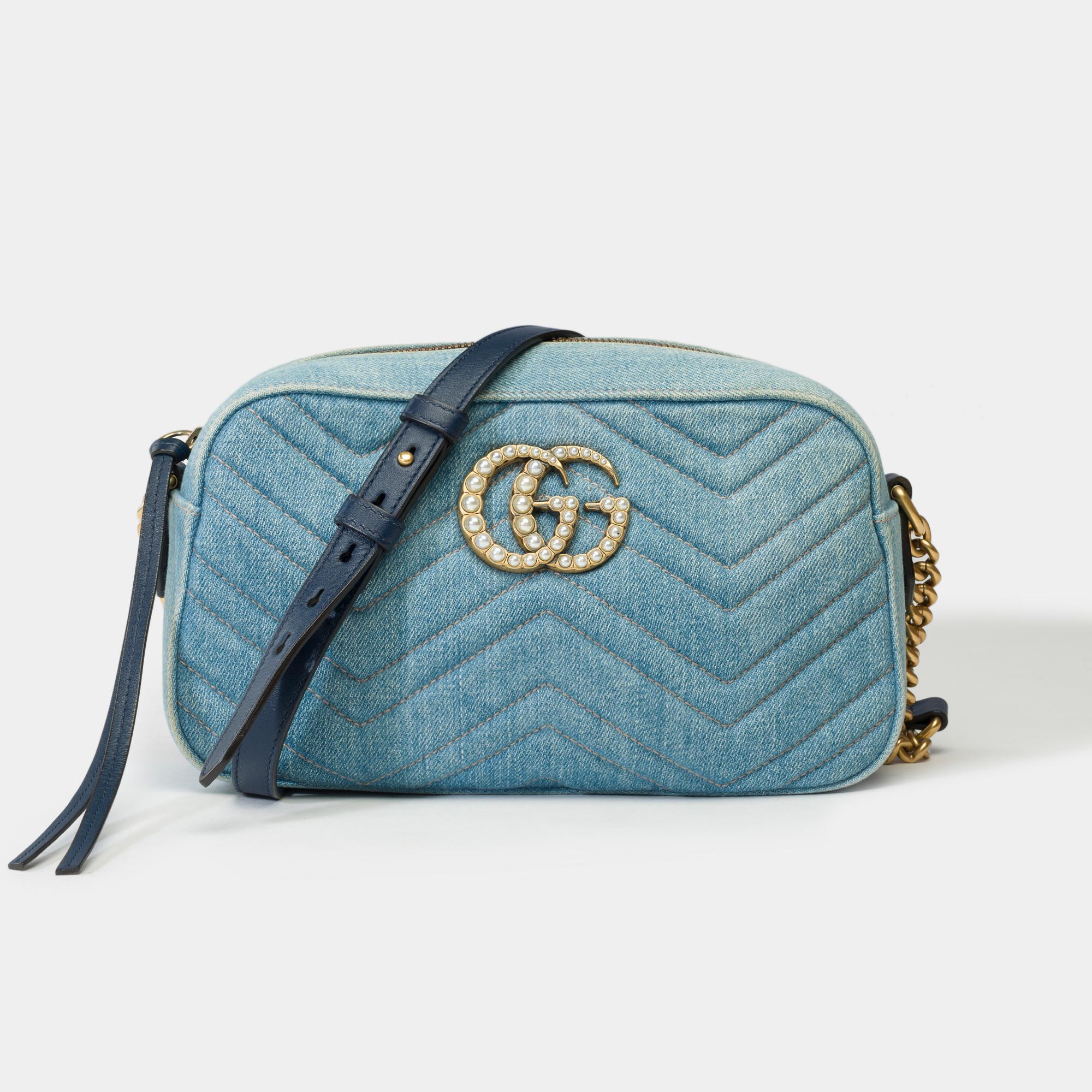 Gucci GG Pearly Marmont shoulder bag in blue denim , GHW In Good Condition For Sale In Paris, IDF