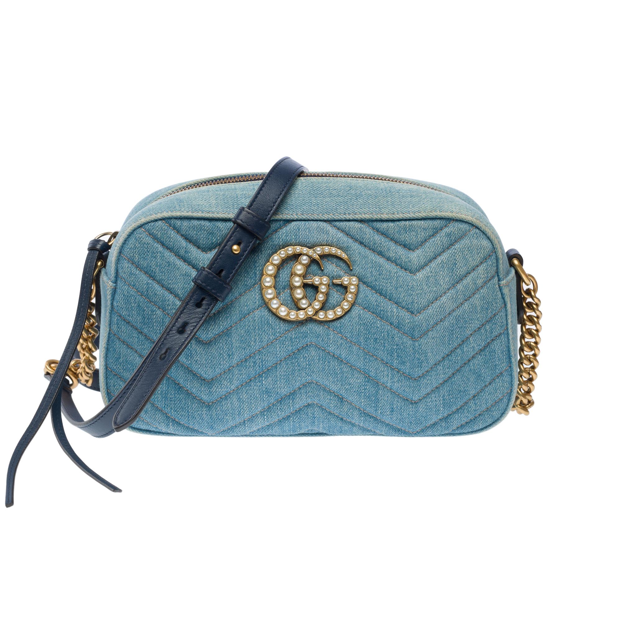 Women's Gucci GG Pearly Marmont shoulder bag in blue denim , GHW For Sale