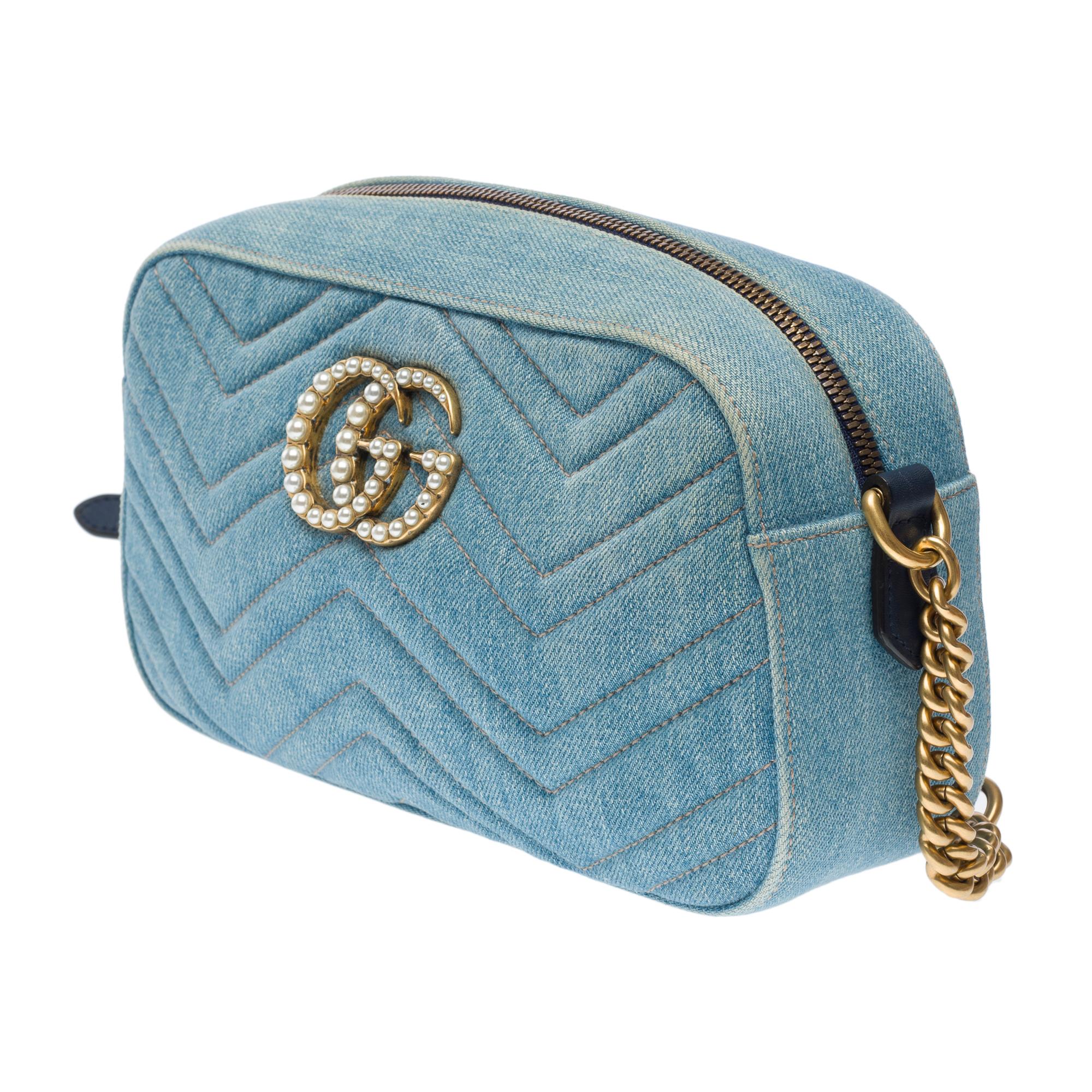 Gucci GG Pearly Marmont shoulder bag in blue denim , GHW For Sale 2