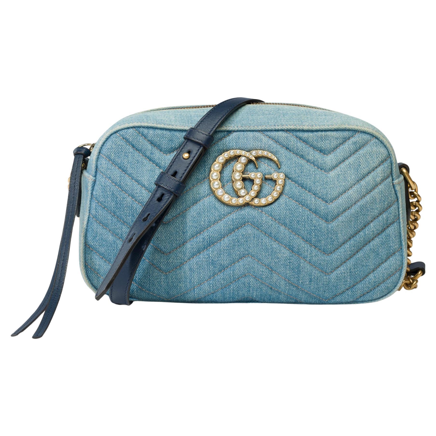 Gucci GG Pearly Marmont shoulder bag in blue denim , GHW For Sale