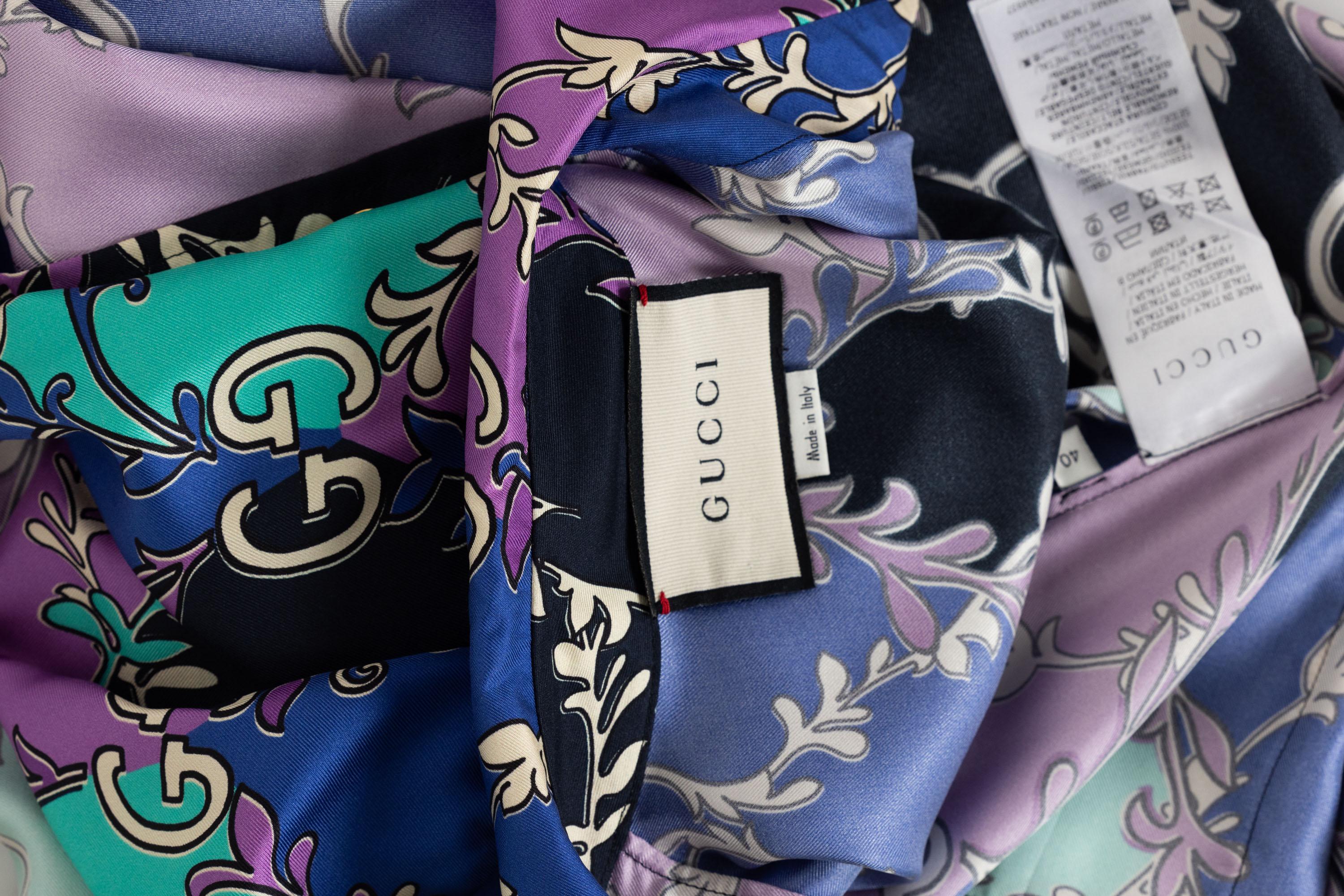 Gucci GG Rhombus Print Long Sleeve Silk Purple Print Shirtdress Resort 2020 For Sale 6