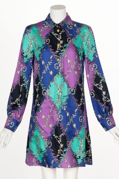 Gucci GG Rhombus Print Long Sleeve Silk Purple Print Shirtdress Resort 2020