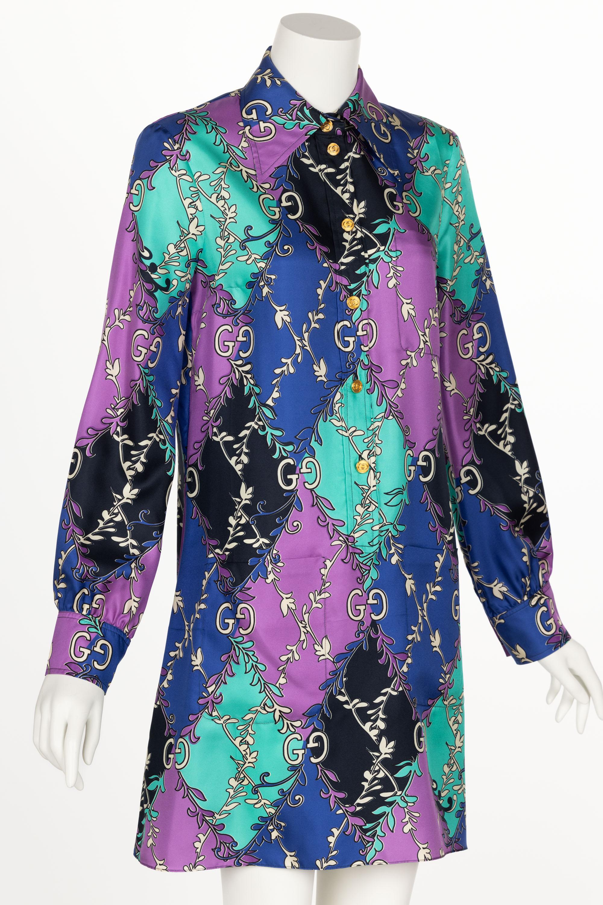Gucci GG Rhombus Print Long Sleeve Silk Purple Print Shirtdress Resort 2020 In Excellent Condition For Sale In Boca Raton, FL