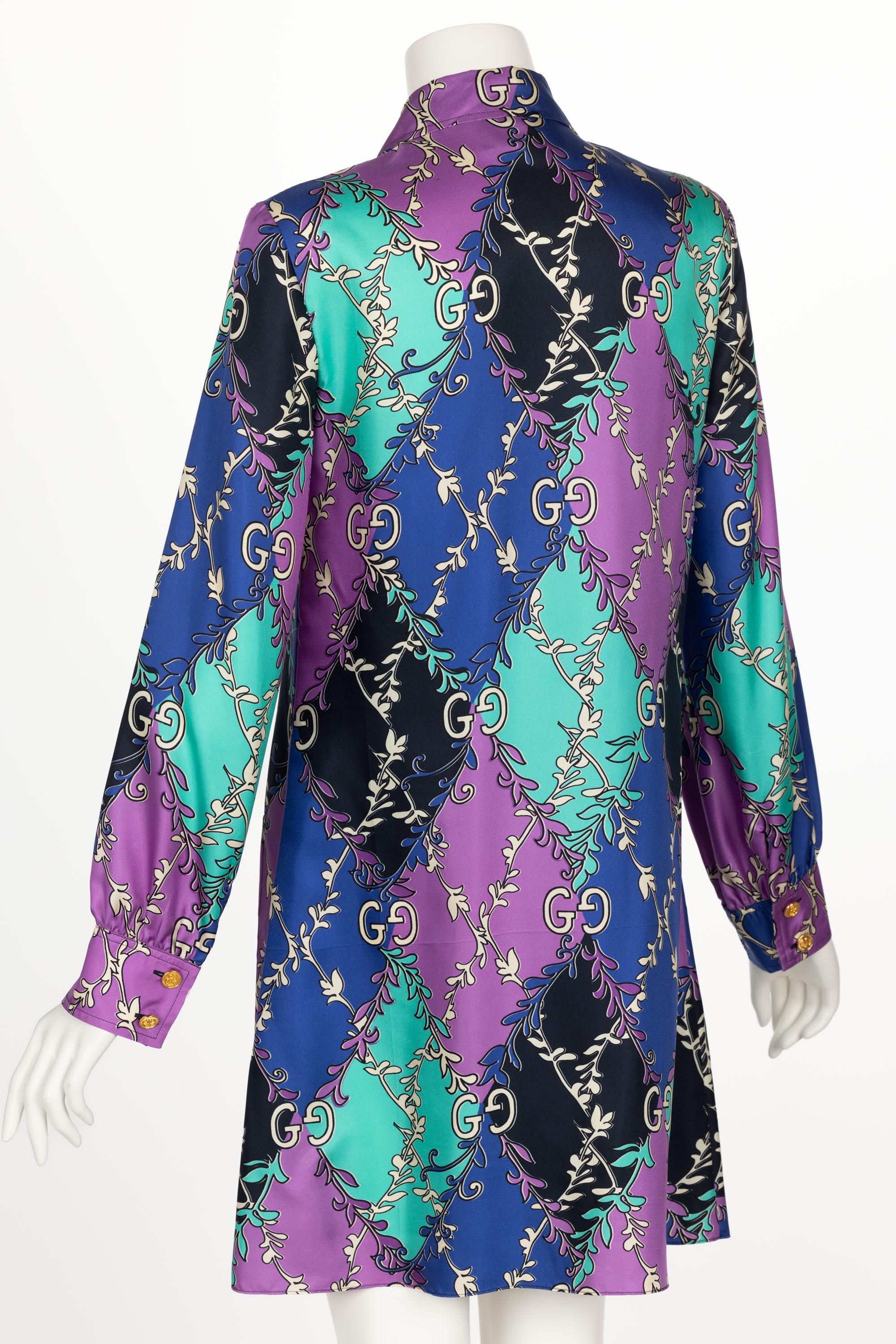 Women's Gucci GG Rhombus Print Long Sleeve Silk Purple Print Shirtdress Resort 2020 For Sale