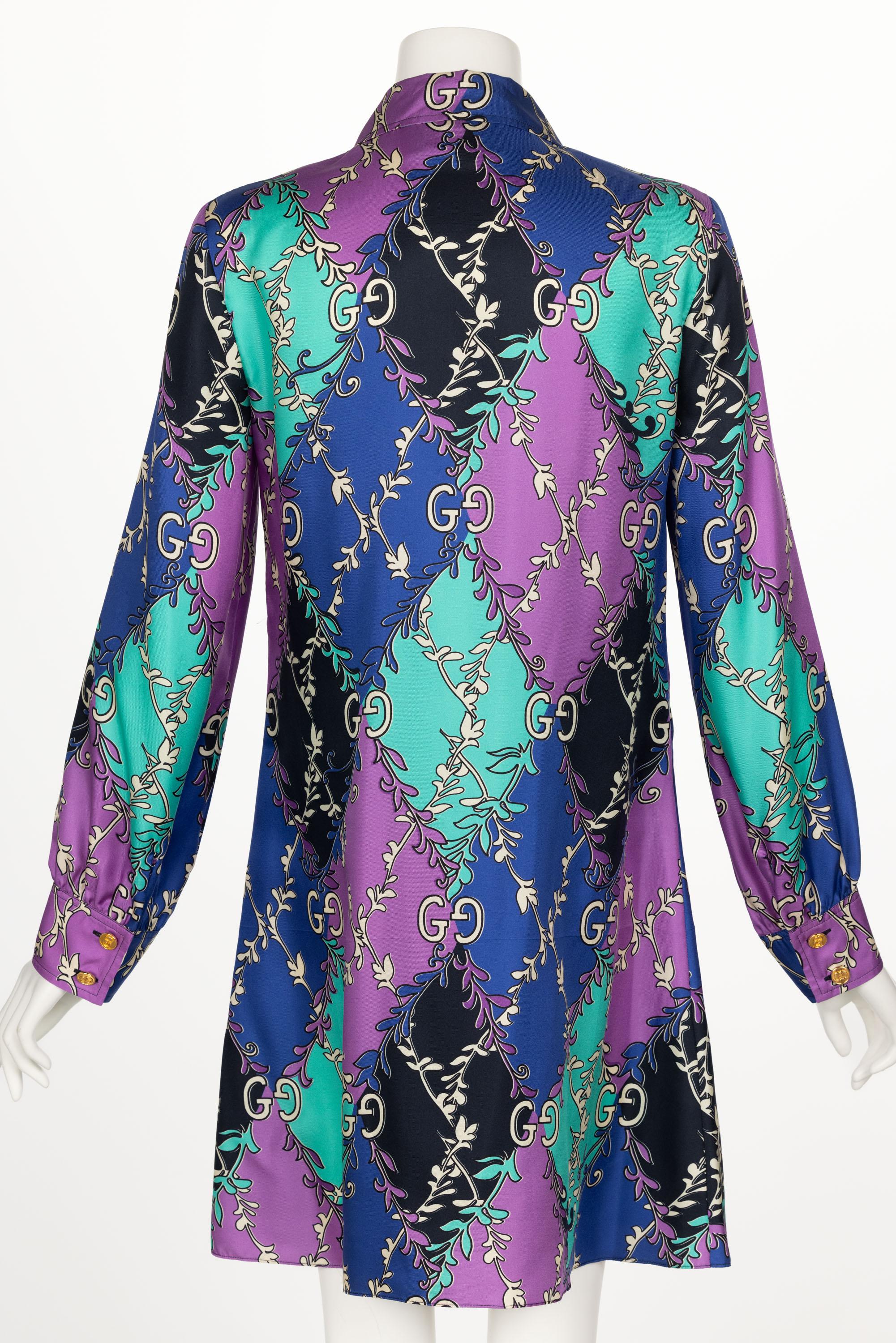 Gucci GG Rhombus Print Long Sleeve Silk Purple Print Shirtdress Resort 2020 For Sale 1