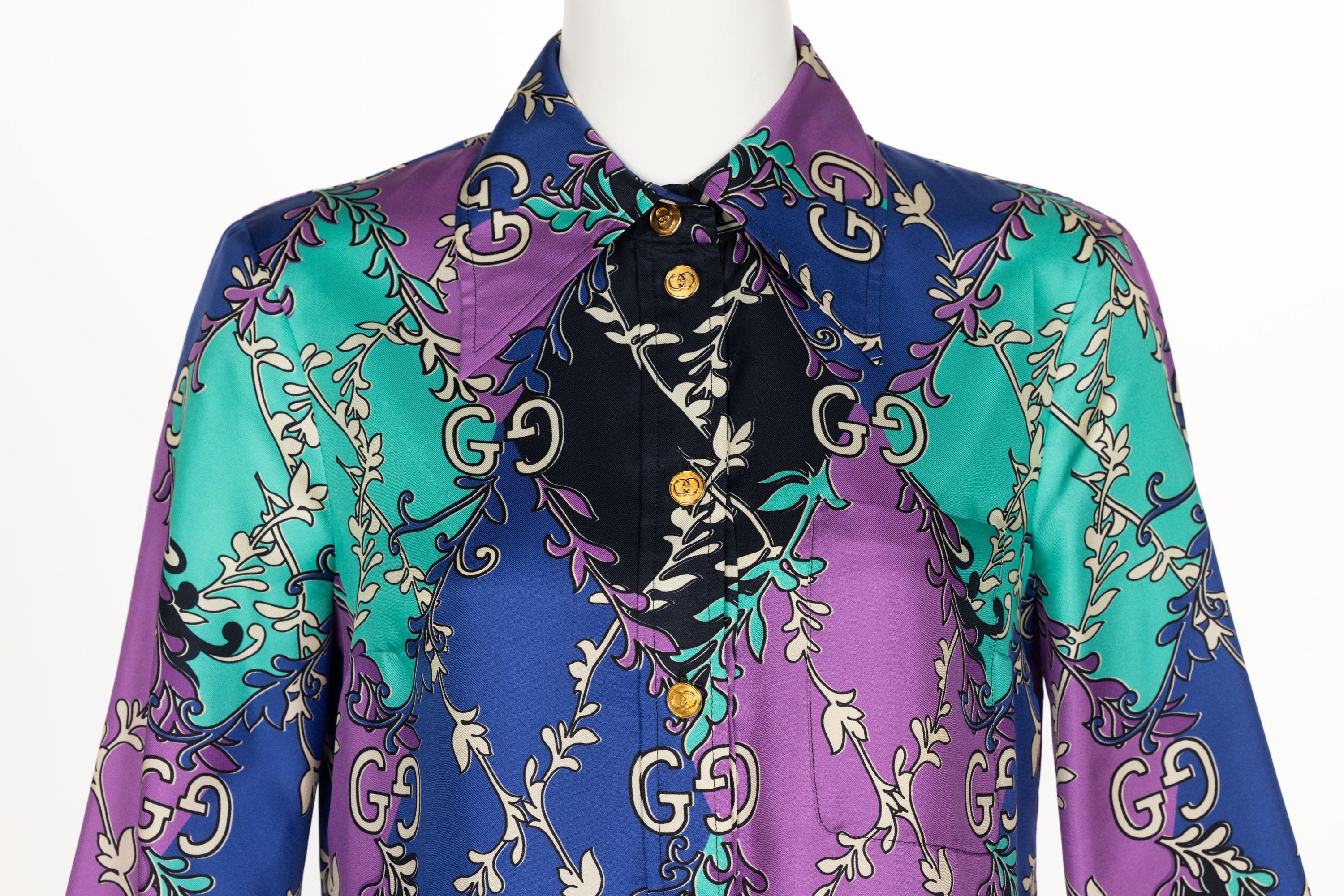 Gucci GG Rhombus Print Long Sleeve Silk Purple Print Shirtdress Resort 2020 For Sale 2
