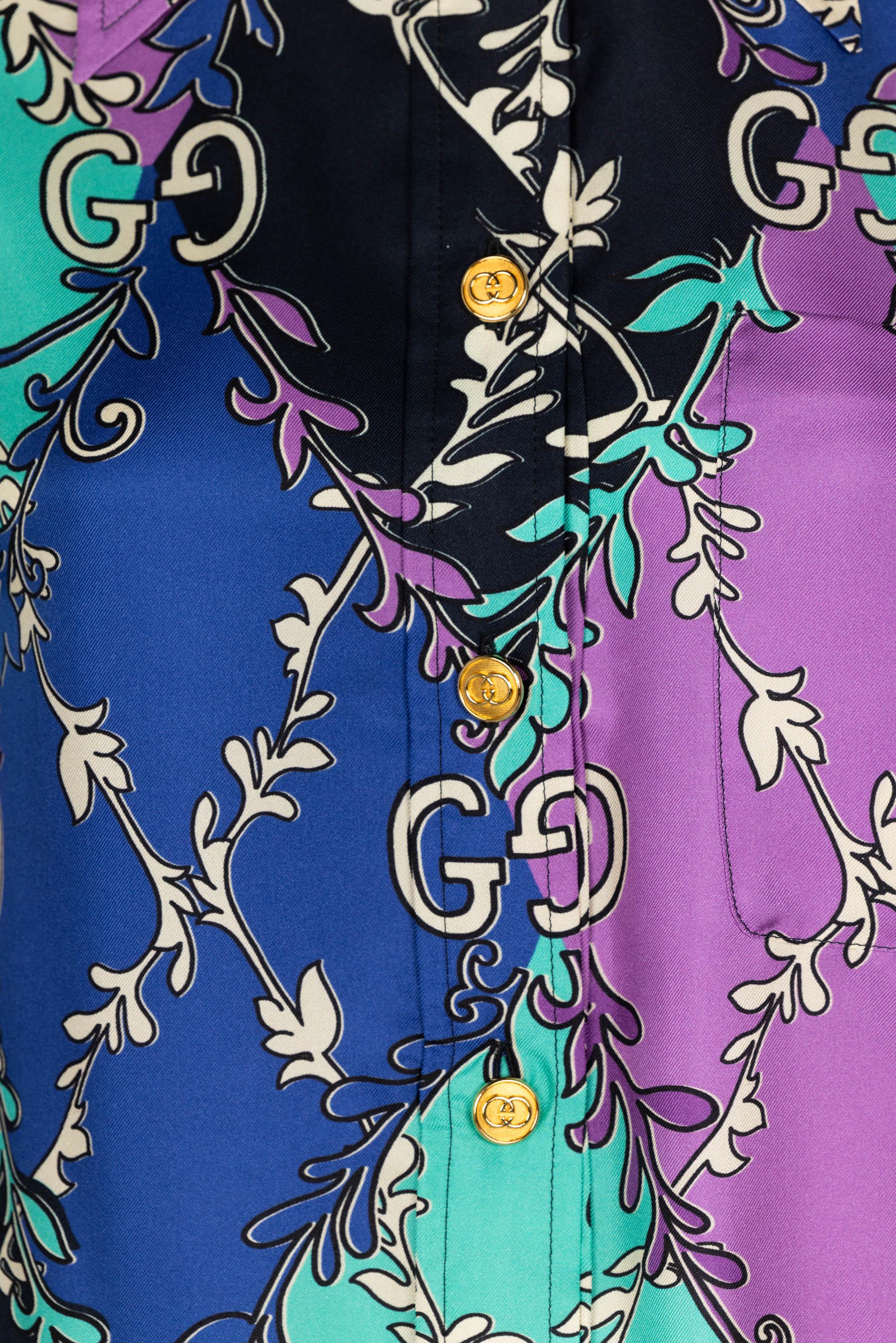 Gucci GG Stampa a rombi Manica lunga in seta con stampa viola Shirtdress Resort 2020 in vendita 2