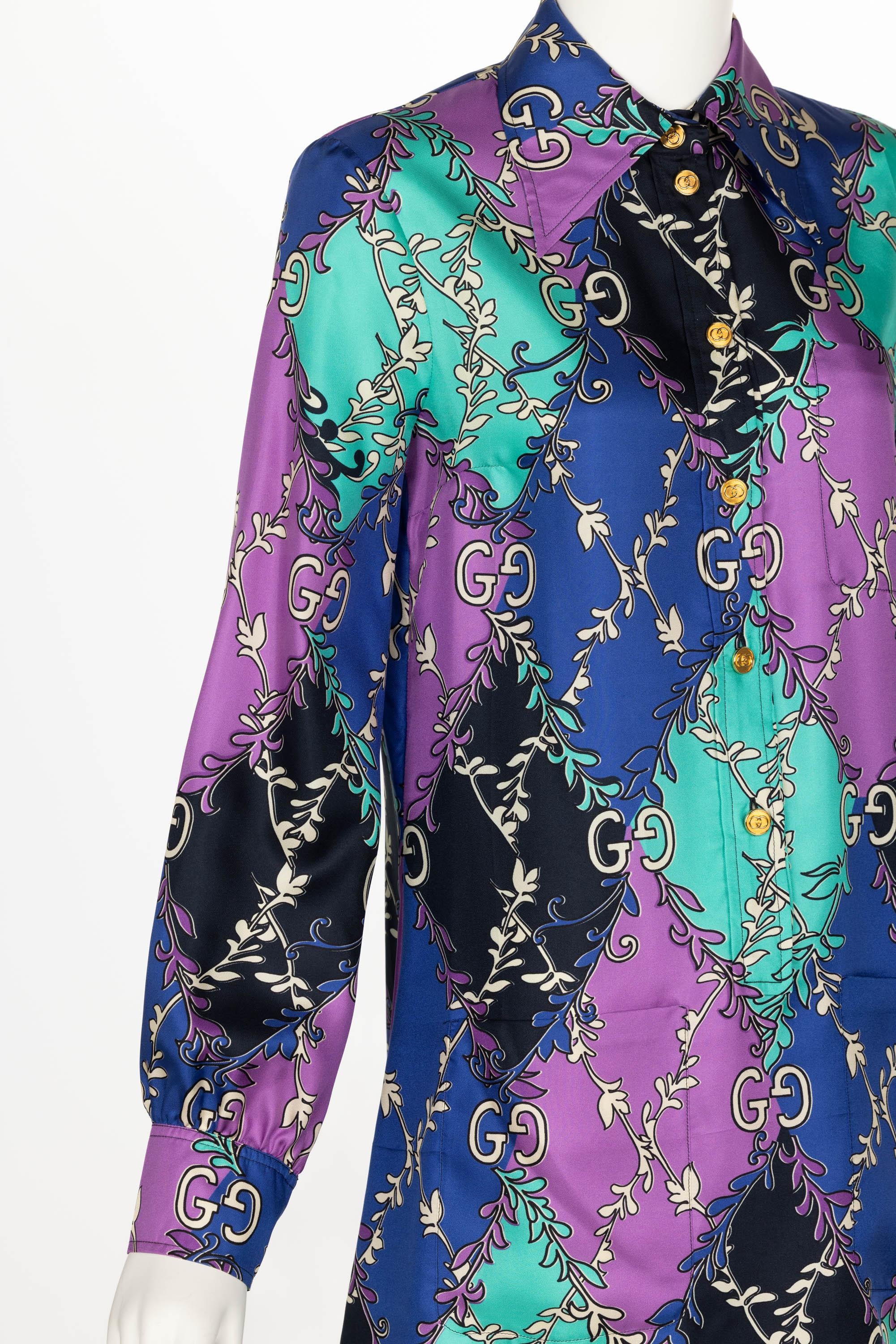 Gucci GG Rhombus Print Long Sleeve Silk Purple Print Shirtdress Resort 2020 For Sale 4