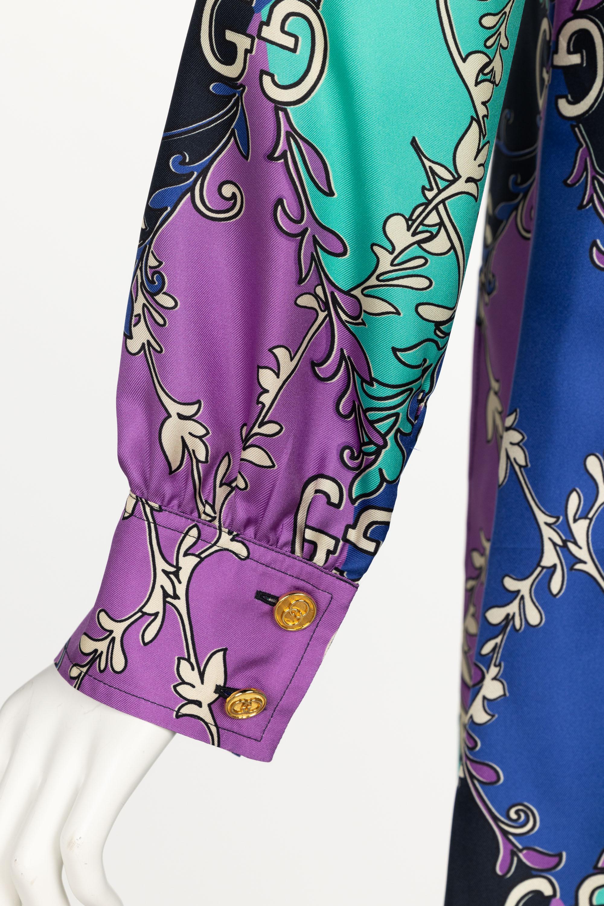 Gucci GG Rhombus Print Long Sleeve Silk Purple Print Shirtdress Resort 2020 For Sale 5