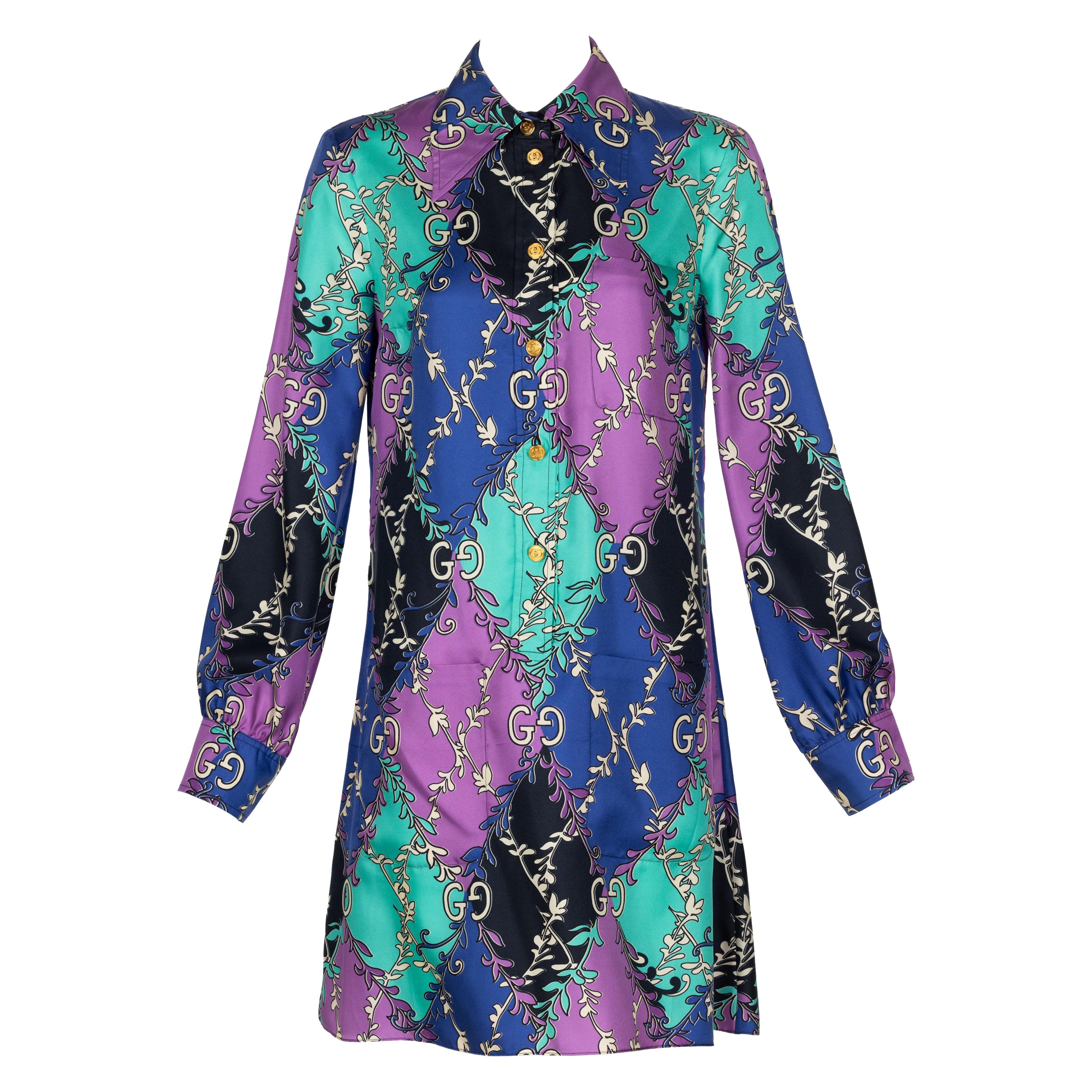 Gucci GG Vestido camisero de manga larga con estampado de rombos de seda púrpura Resort 2020