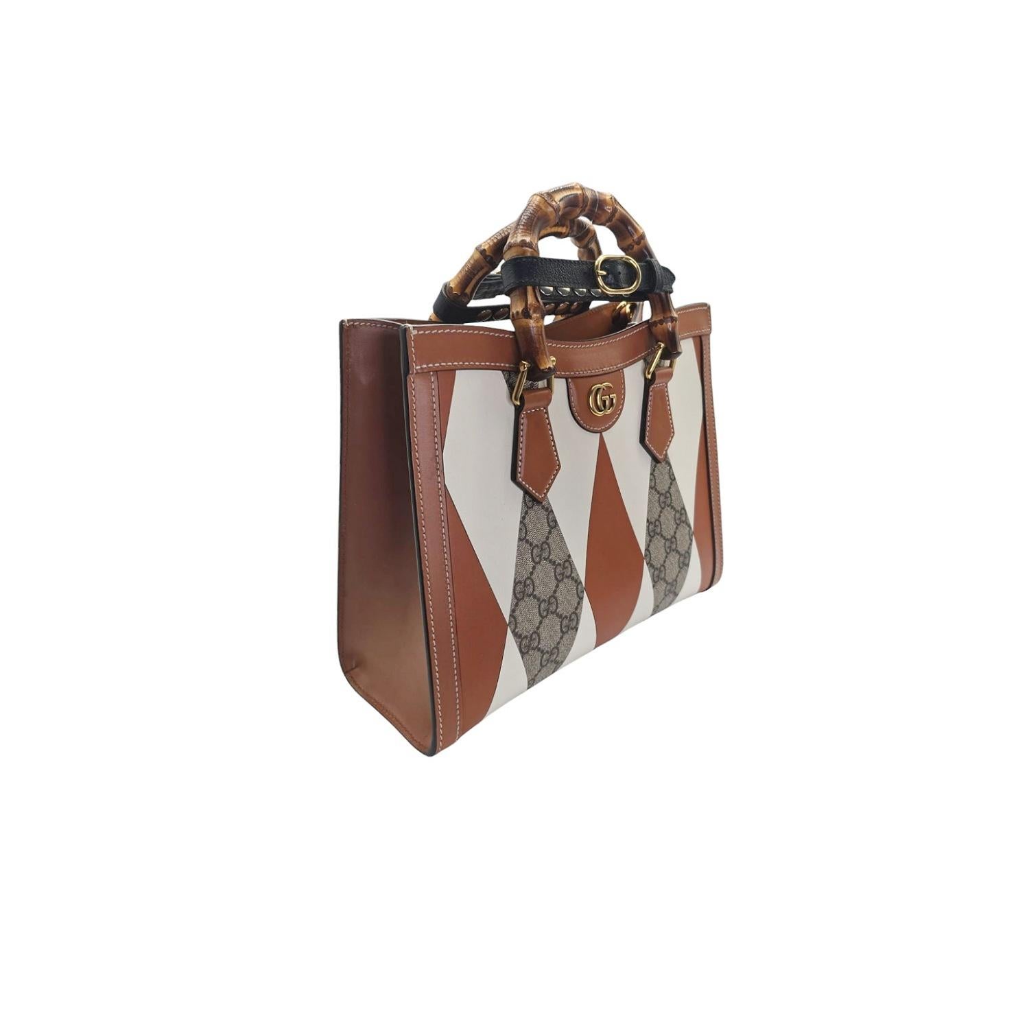 Indulge in luxury with the Gucci GG Rhombus Diana Bamboo Tote. Meticulously handcrafted in Italy, this tote features a stunning combination of multi-colored leather and GG coated canvas, adorned with rhombus patterns and gold-tone hardware. The