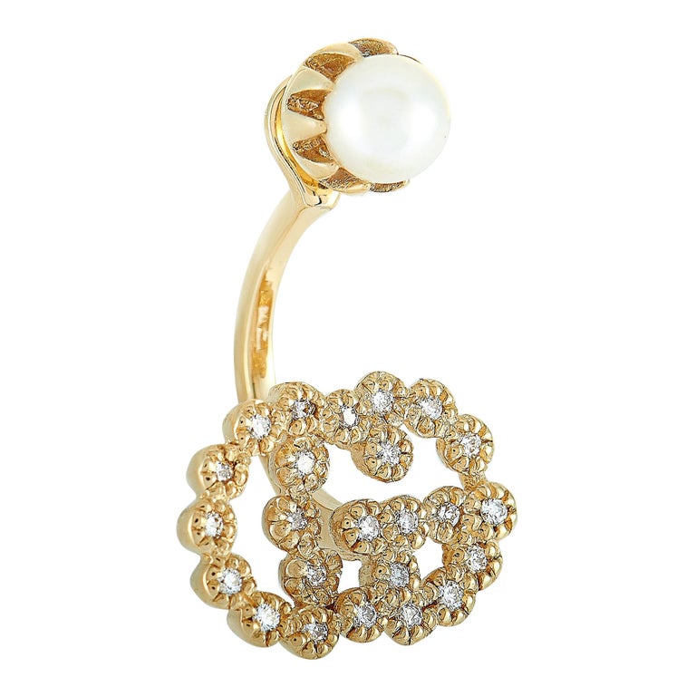 Gucci GG Running 18 Karat Yellow Gold Diamond and Pearl Mono Earring at