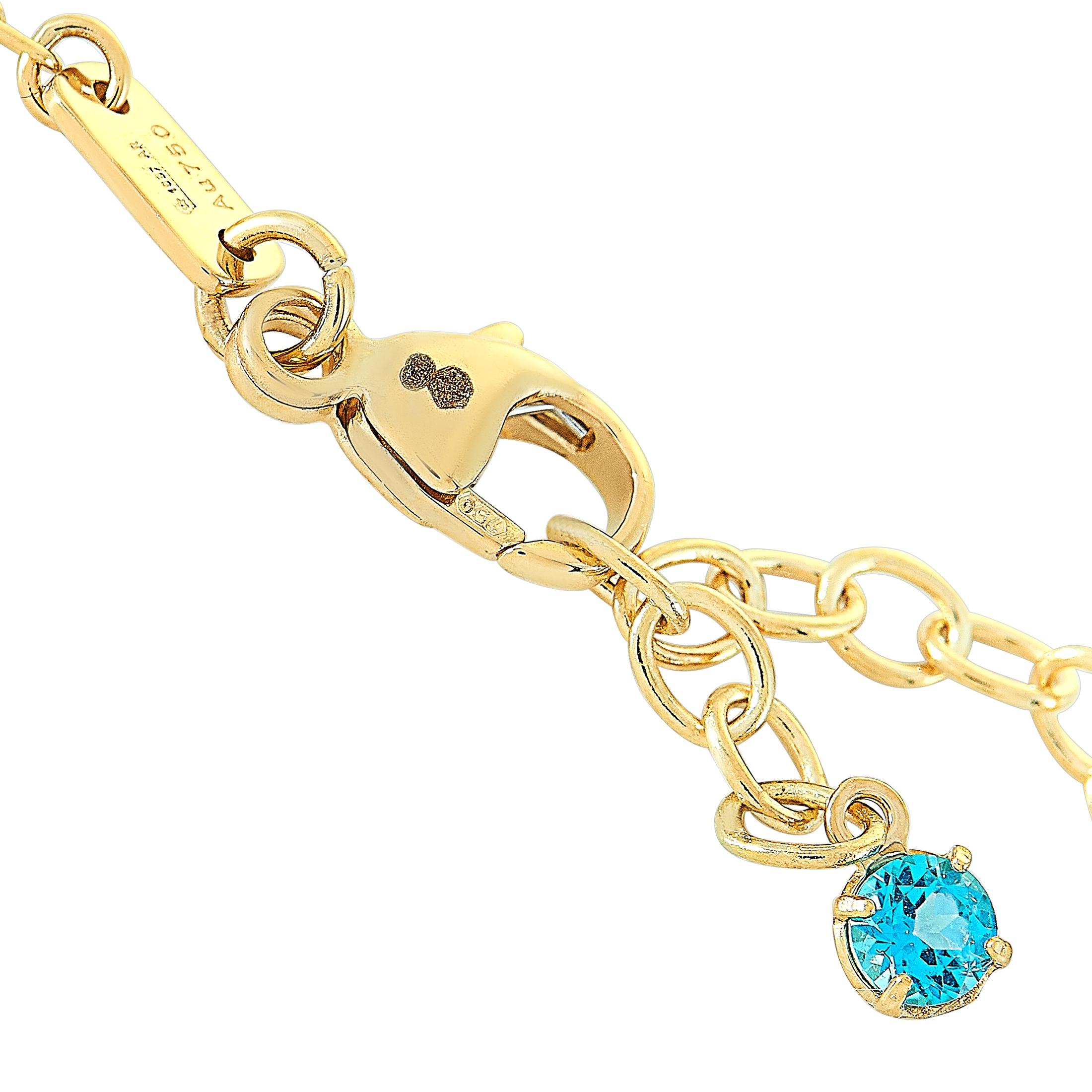 The Gucci “GG Running” necklace is crafted from 18K yellow gold and set with a Paraiba topaz that weighs approximately 0.12 carats. The necklace weighs 3 grams and boasts a 14” chain and a pendant that measures 0.25” in length and 0.25” in width.
 
