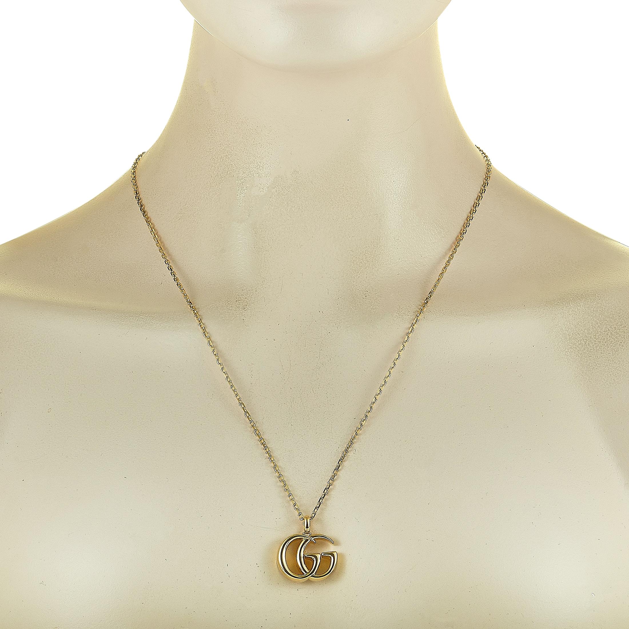 The Gucci “GG Running” necklace is made of 18K yellow gold and weighs 16.7 grams. The necklace boasts a 22” chain and a pendant that measures 1” in length and 0.87” in width.
 
 This jewelry piece is offered in brand new condition and includes the