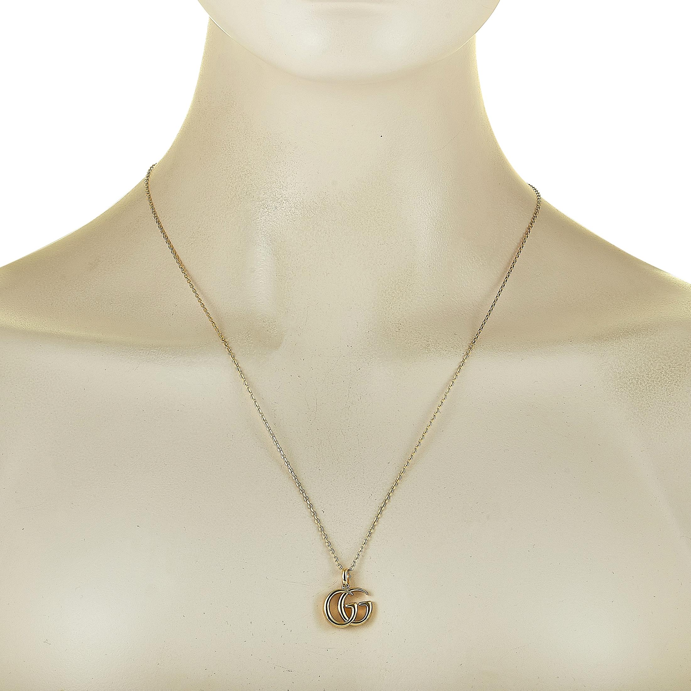 The Gucci “GG Running” necklace is made of 18K yellow gold and weighs 9.8 grams. The necklace boasts a 22” chain and a pendant that measures 0.75” in length and 0.62” in width.
 
 This jewelry piece is offered in brand new condition and includes the