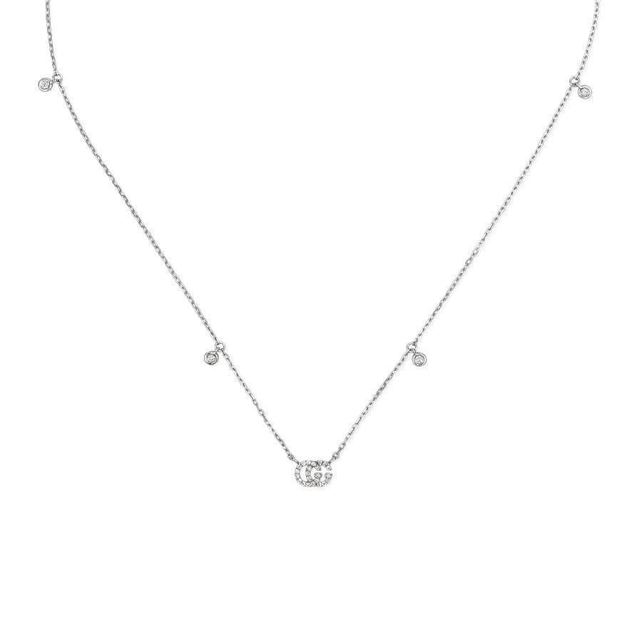 The Double G, inspired by an archival design from the '70s-a hallmark era of the House-is elevated in 18k white gold encrusted with diamonds.
18k white gold
28 diamonds, totaling approximately .09 carats
Clasp closure
Pendent: 5.10 x 7.2mm
37cm