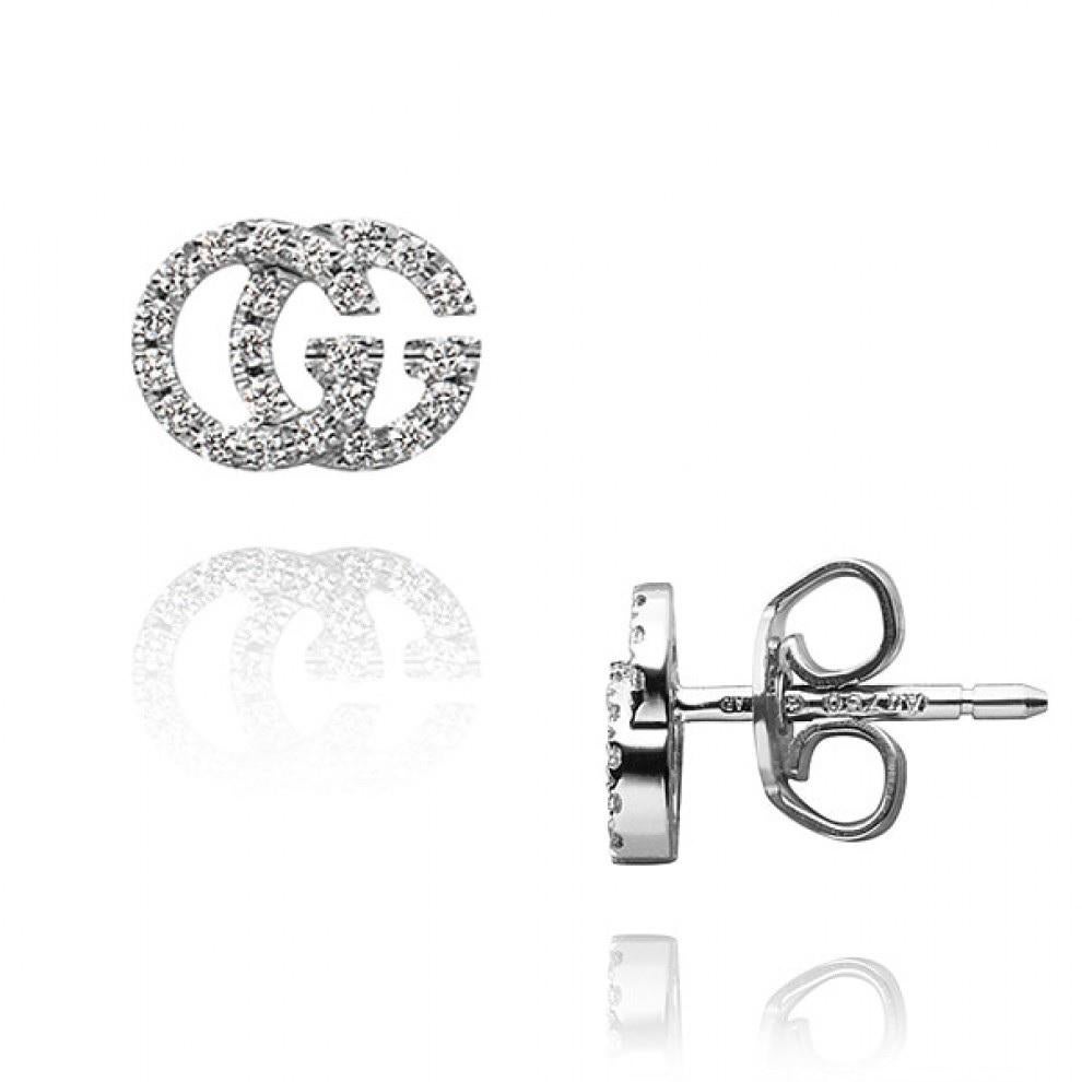 Clous d'oreilles Gucci GG Running en or blanc pavé de diamants YBD481678001 Neuf - En vente à Wilmington, DE